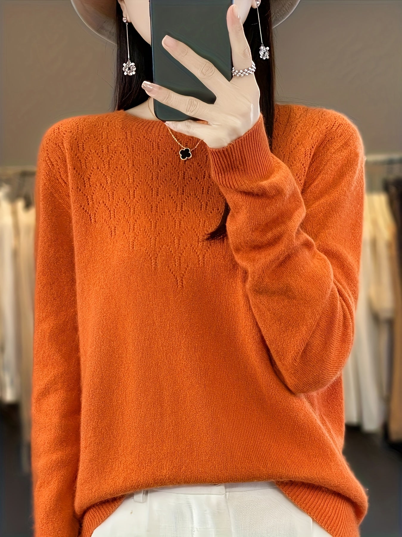 Sixsr Solid Crew Neck Wool Sweater, Casual Long Sleeve Cozy Basic Sweater, Women's Clothing