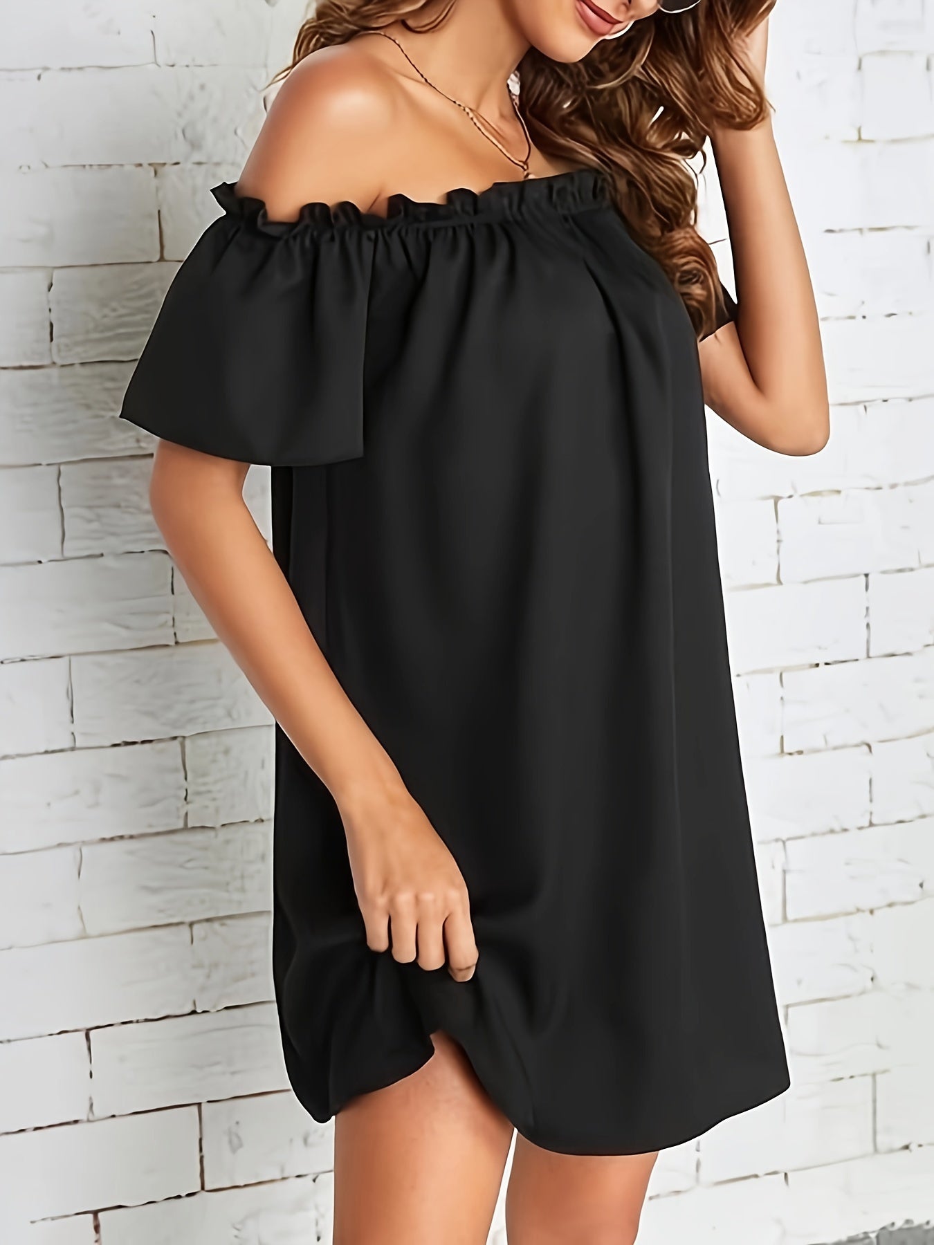 Off Shoulder Loose Dress, Casual Short Sleeve Dress For Spring & Summer, Women's Clothing