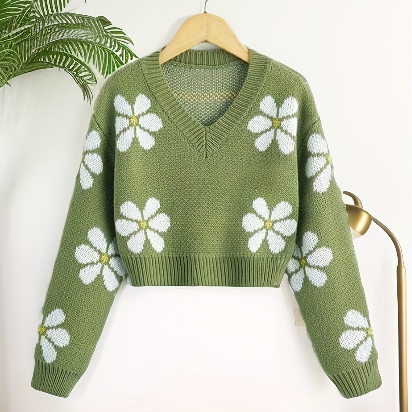 Sixsr Floral Jacquard Girls Drop Shoulder V-neck Knitted Sweater For Fall Winter