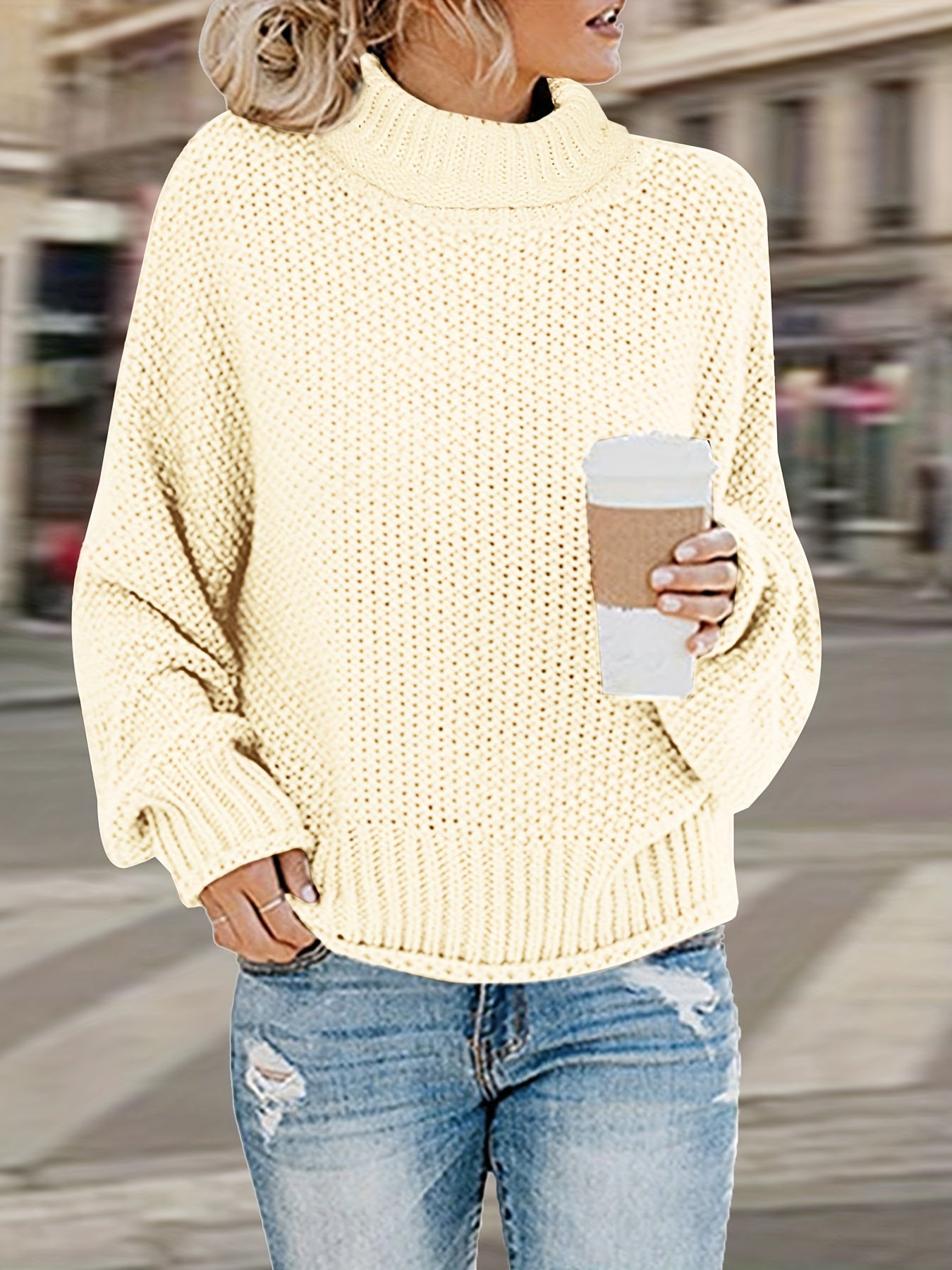 Sixsr Plus Size Casual Sweater, Women's Plus Solid Long Sleeve Turtle Neck Medium Stretch Sweater