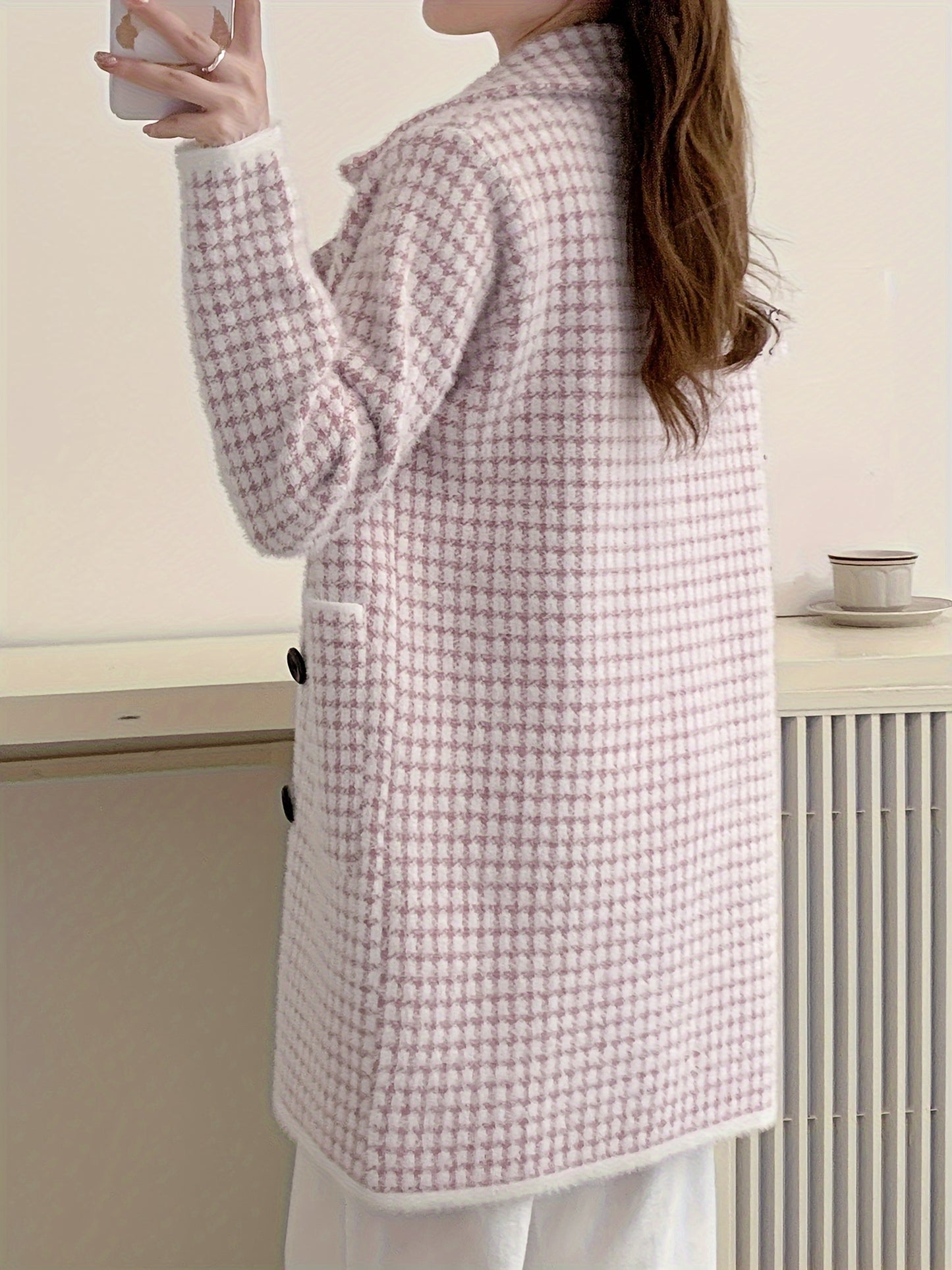 Sixsr Double Breasted Fuzzy Overcoat, Elegant Lapel Long Sleeve Warm Outerwear, Women's Clothing