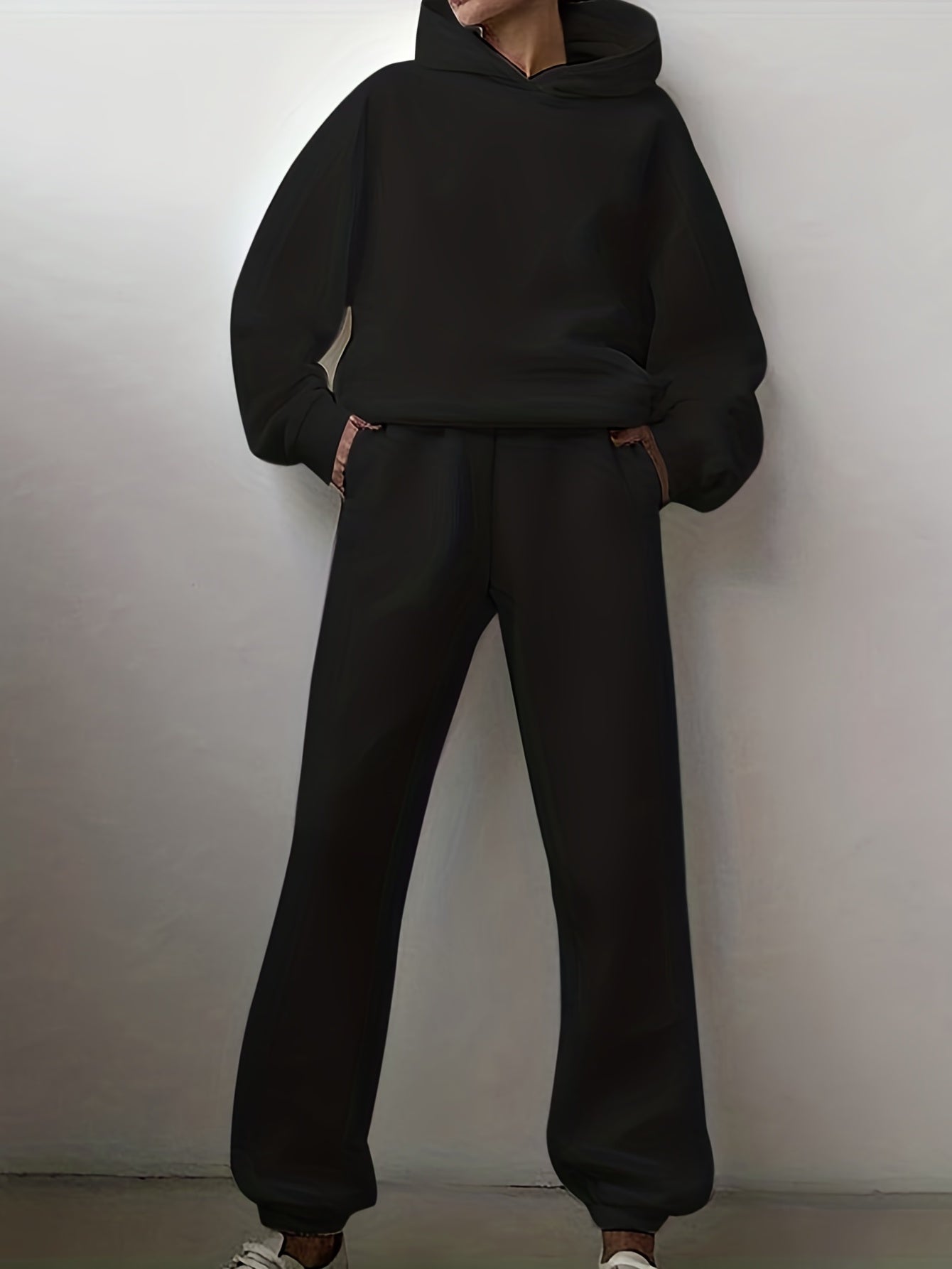 Sixsr Casual Solid Two-piece Set, Drop Shoulder Long Sleeve Hoodies & Elastic Waist Jogger Pants Outfits, Women's Clothing