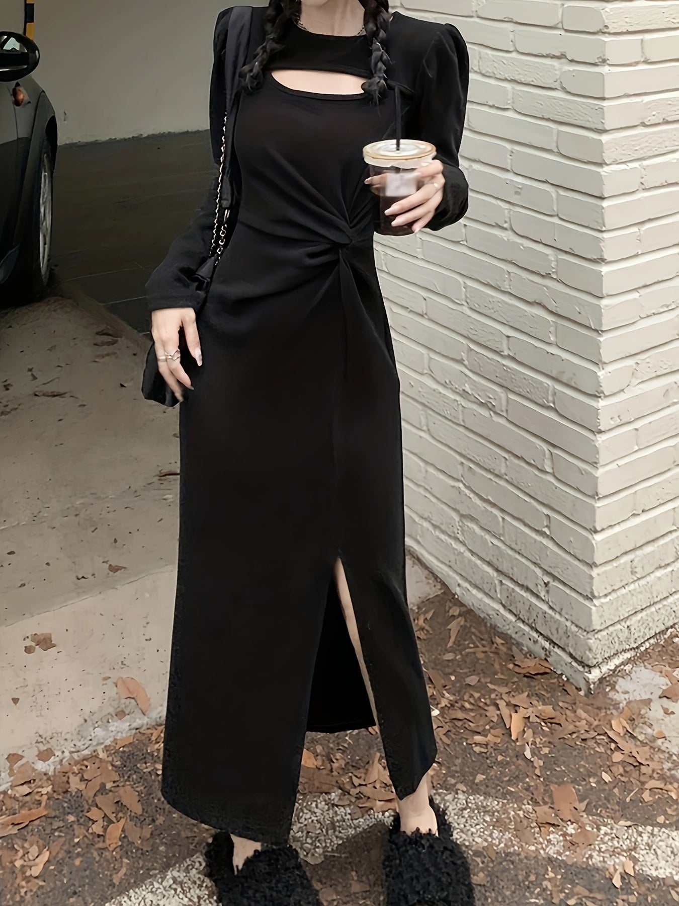 Sixsr Cut Out Knot Front Split Hem Dress, Elegant Long Sleeve Slim Solid Dress For Spring & Fall, Women's Clothing