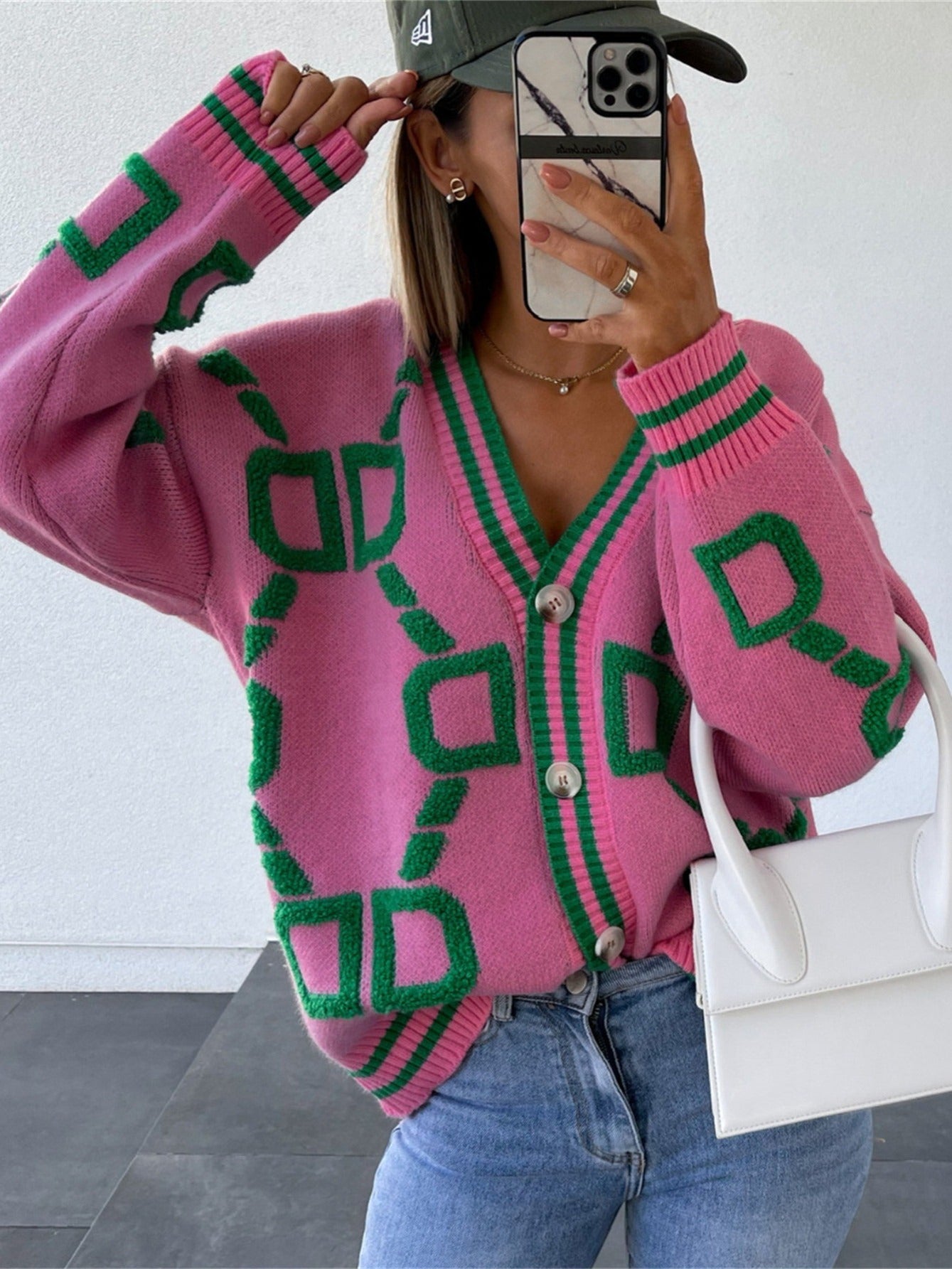 Sixsr High Contrast Knit Cardigan, V-Neck Button Up Cardigan Sweater, Casual Tops For Fall & Winter, Women's Clothing
