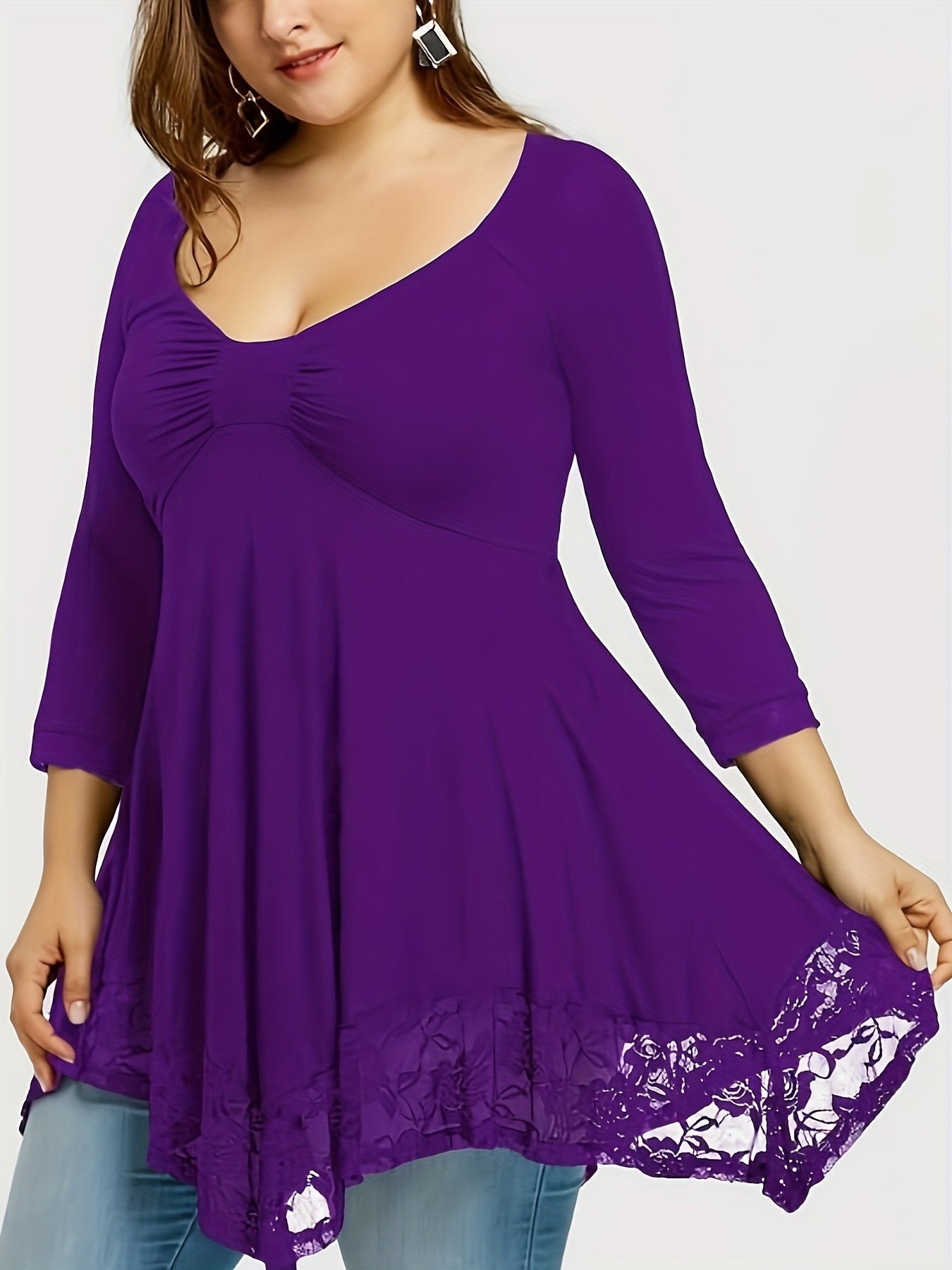 Sixsr Plus Size Floral Jacquard Contrast Lace Solid Tops, Women's Plus Round Neck Long Sleeve Elegant Top