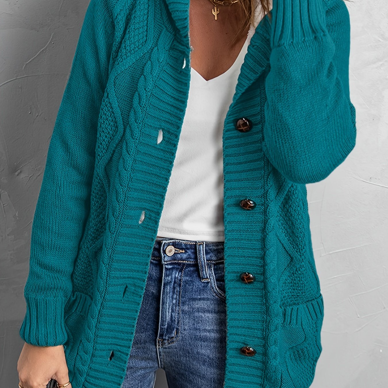 Sixsr Oversized Knit Hoodie, Long Chunky Knit Front Pocket Hooded Cardigan Sweater, Casual Tops For Fall & Winter, Women's Clothing