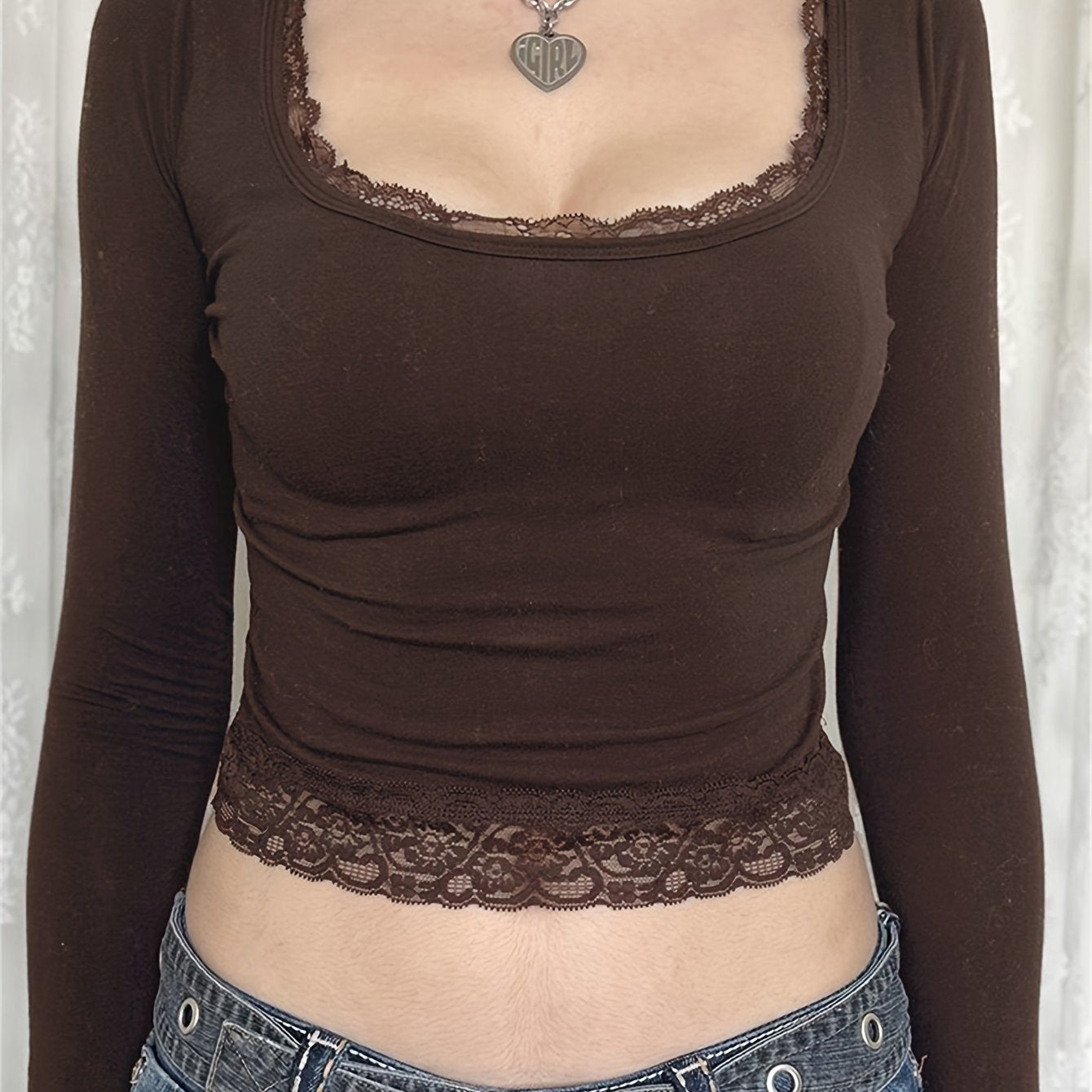Sixsr Contrast Lace Scoop Neck T-Shirt, Y2K Long Sleeve Crop Slim Top For Spring & Fall, Women's Clothing