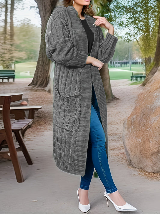 Sixsr Plus Size Elegant Sweater Cardigan, Women's Plus Cable Knit Open Front Long Sleeve High Stretch Cardigan With Pockets