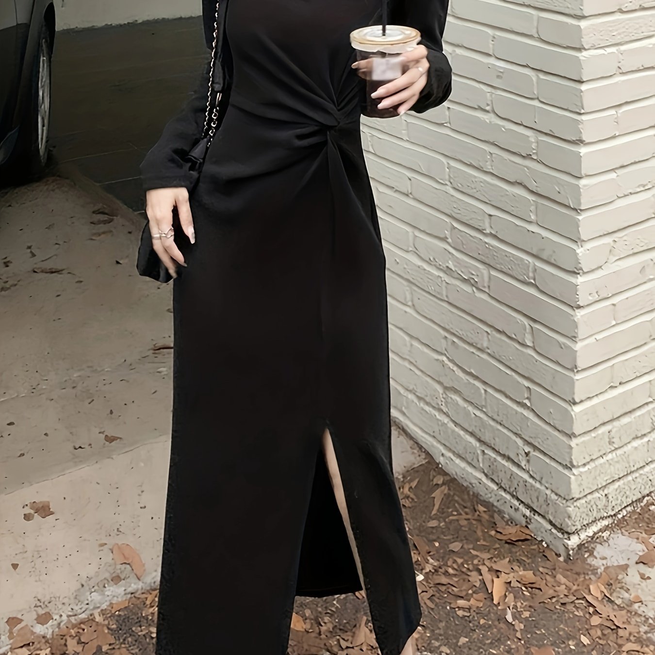 Sixsr Cut Out Knot Front Split Hem Dress, Elegant Long Sleeve Slim Solid Dress For Spring & Fall, Women's Clothing