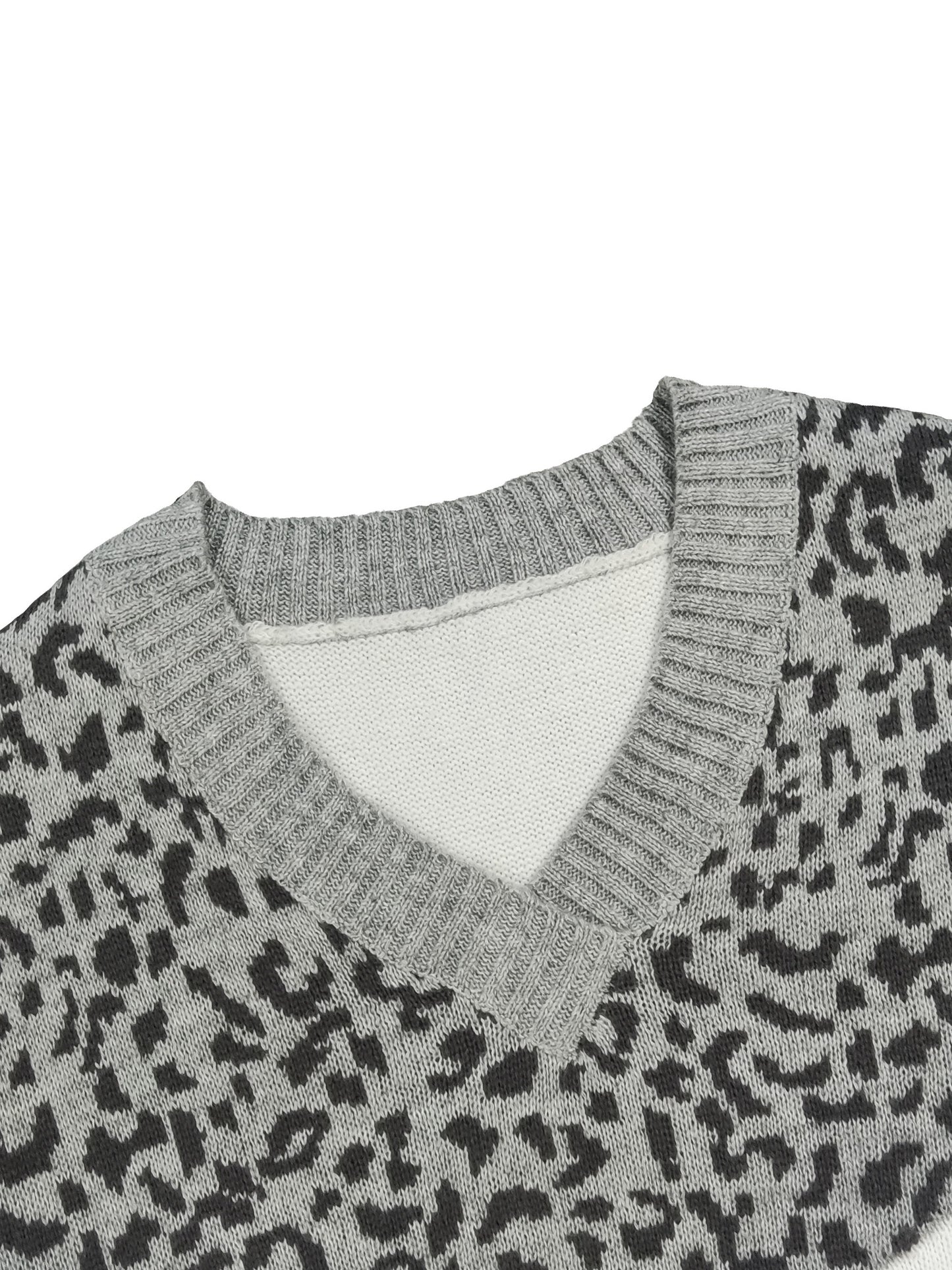 Sixsr Plus Size Casual Sweater, Women's Plus Colorblock Leopard Print V Neck Long Sleeve Pullover Sweater