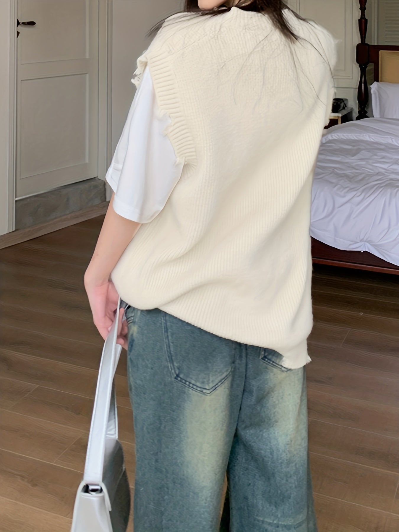 Sixsr Oversized Ripped V Neck Sweater Vest, Casual Sleeveless Ram Hem Sweater, Women's Clothing