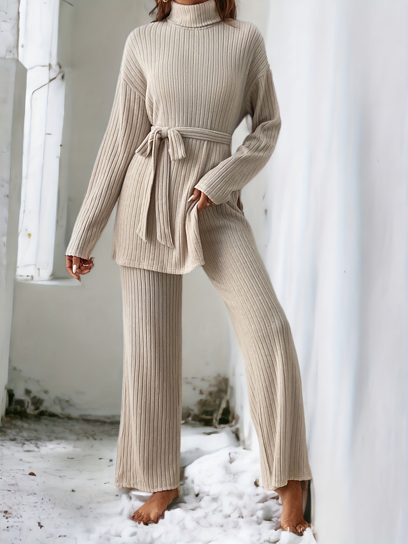Sixsr Casual Ribbed Knit Two-piece Set, Split Hem Belted Top & Wide Leg Pants Outfits, Women's Clothing
