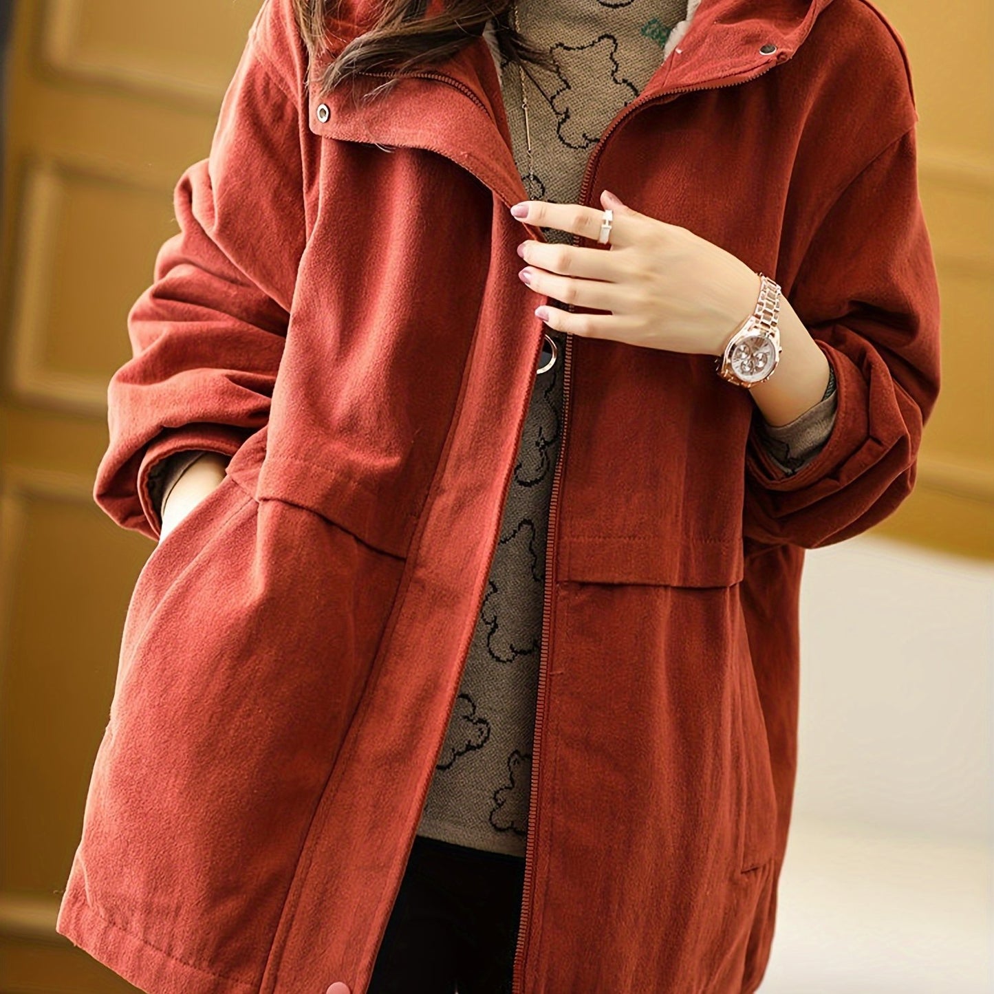 Sixsr Solid Zipper Pockets Hooded Coat, Versatile Long Sleeve Warm Outwear For Fall & Winter, Women's Clothing