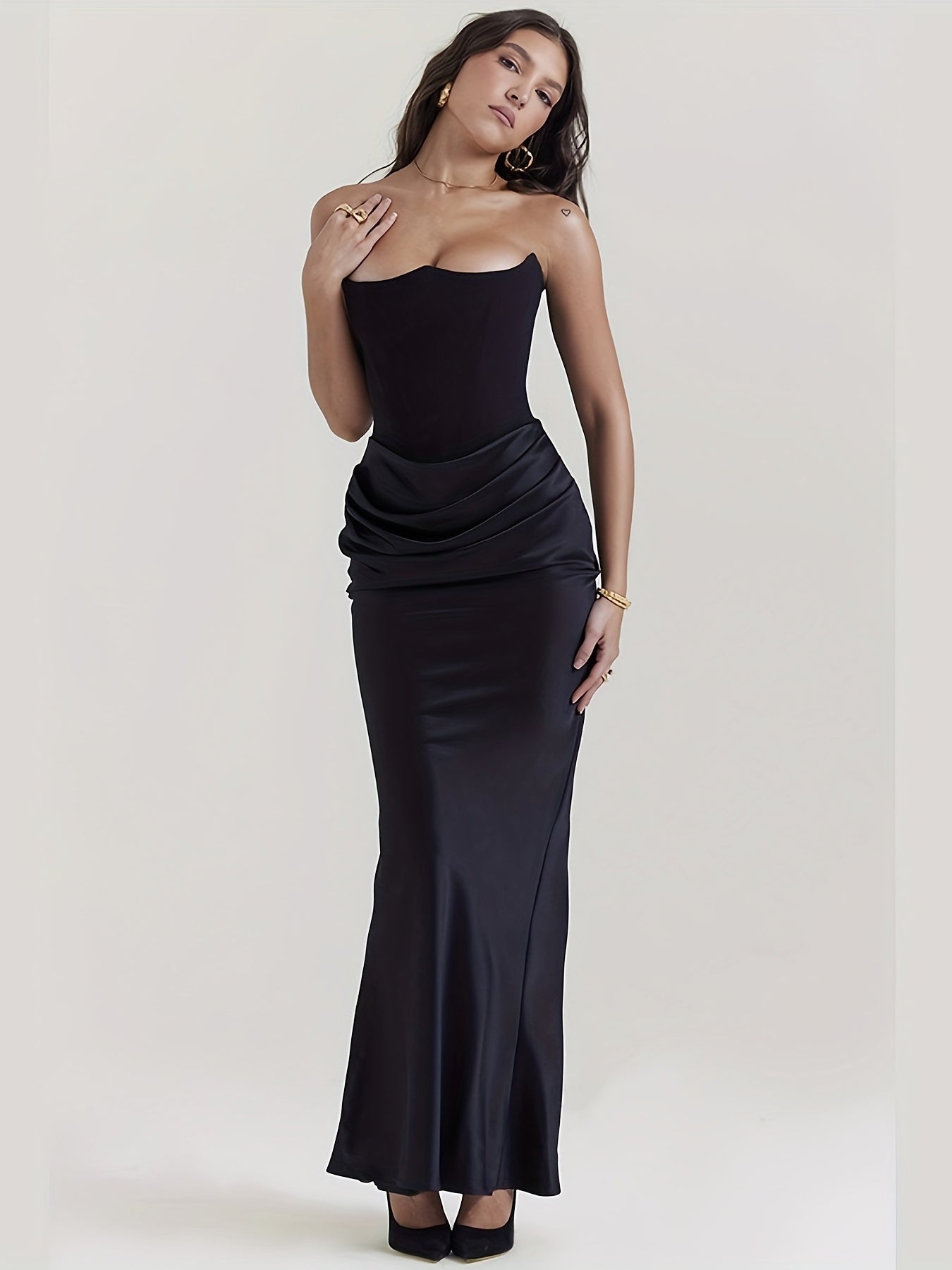 Sixsr Solid Natural Waist Fit Dress, Stylish Strapless Ruched Mermaid Dress, Women's Clothing