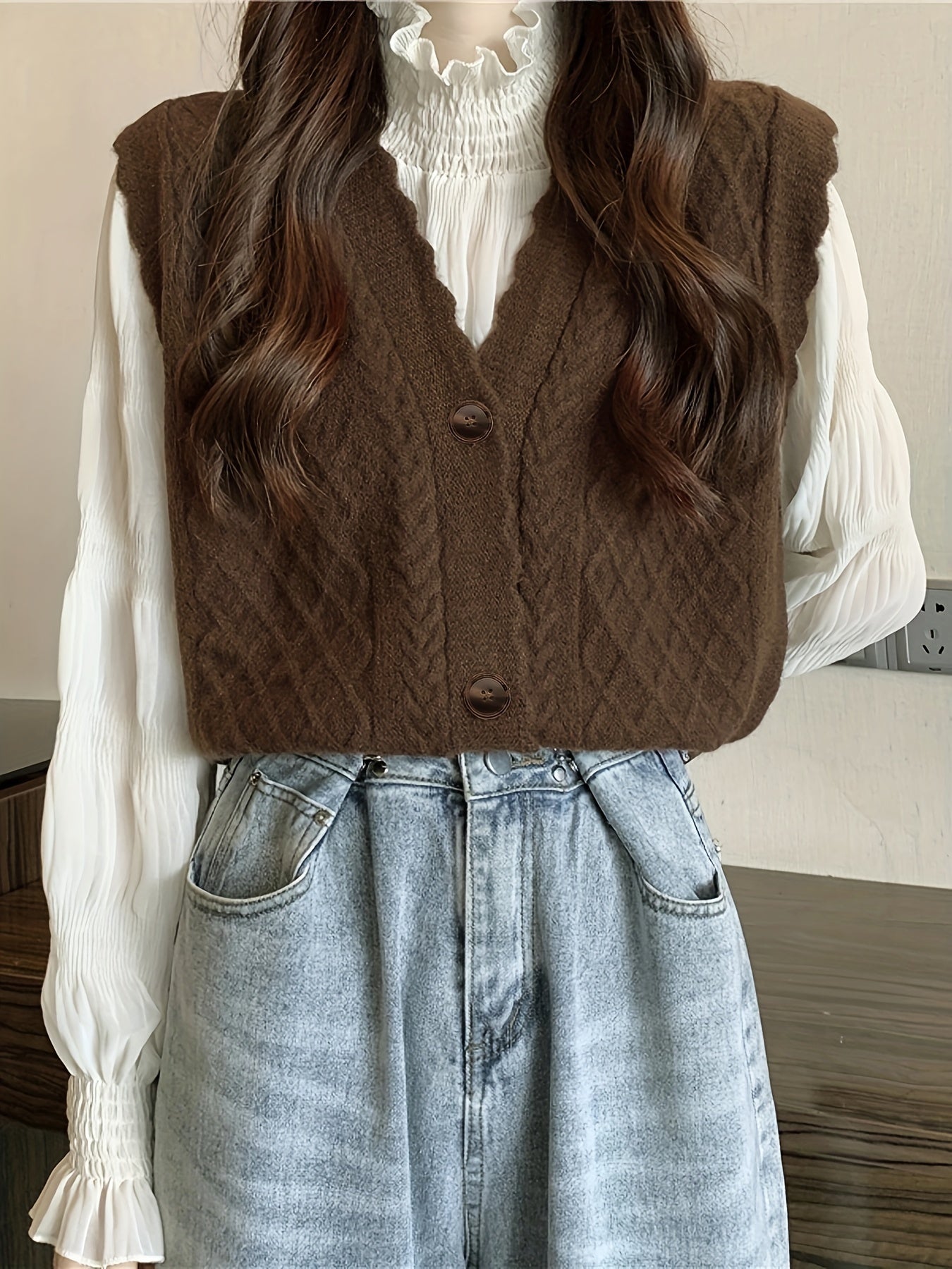Sixsr Cable Knit Button Sweater Vest, Casual Sleeveless V Neck Scallop Trim Sweater, Women's Clothing