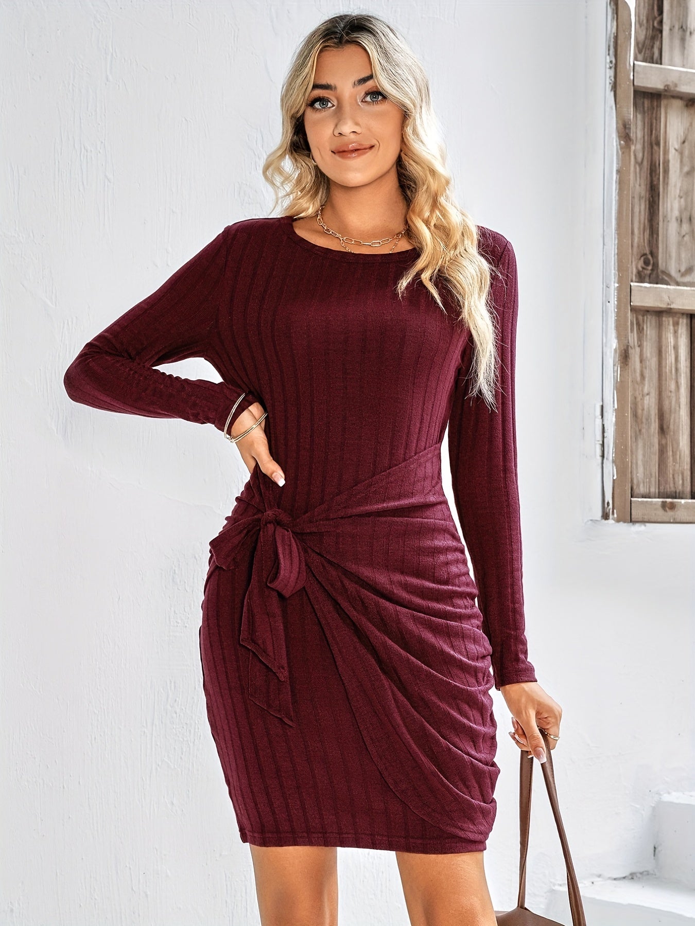 Sixsr Knotted Ribbed Dress, Elegant Crew Neck Long Sleeve Dress, Women's Clothing
