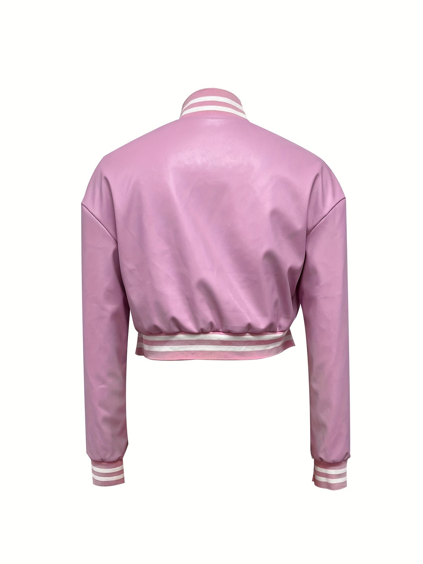 Sixsr Button Front Crop Bomber Jacket, Casual Solid Long Sleeve Varsity Jacket, Women's Clothing