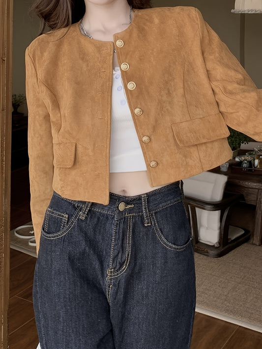 Sixsr Solid Color Button Front Jacket, Chic Long Sleeve Cardigan, Women's Clothing