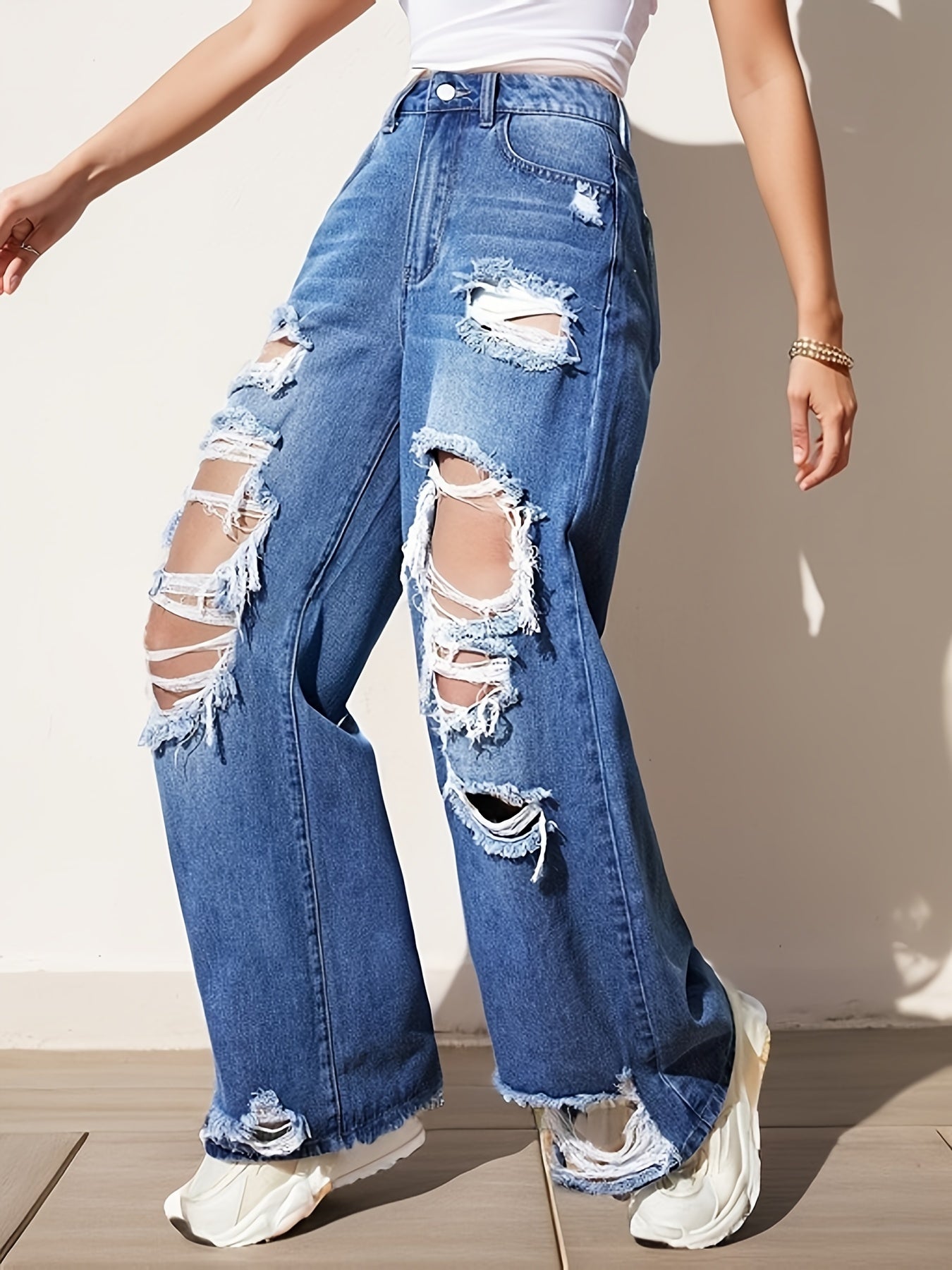 Sixsr  Ripped Straight Leg Loose Fit Jeans, High Rise Wide Legs Distressed Denim Pants, Women's Denim Jeans & Clothing