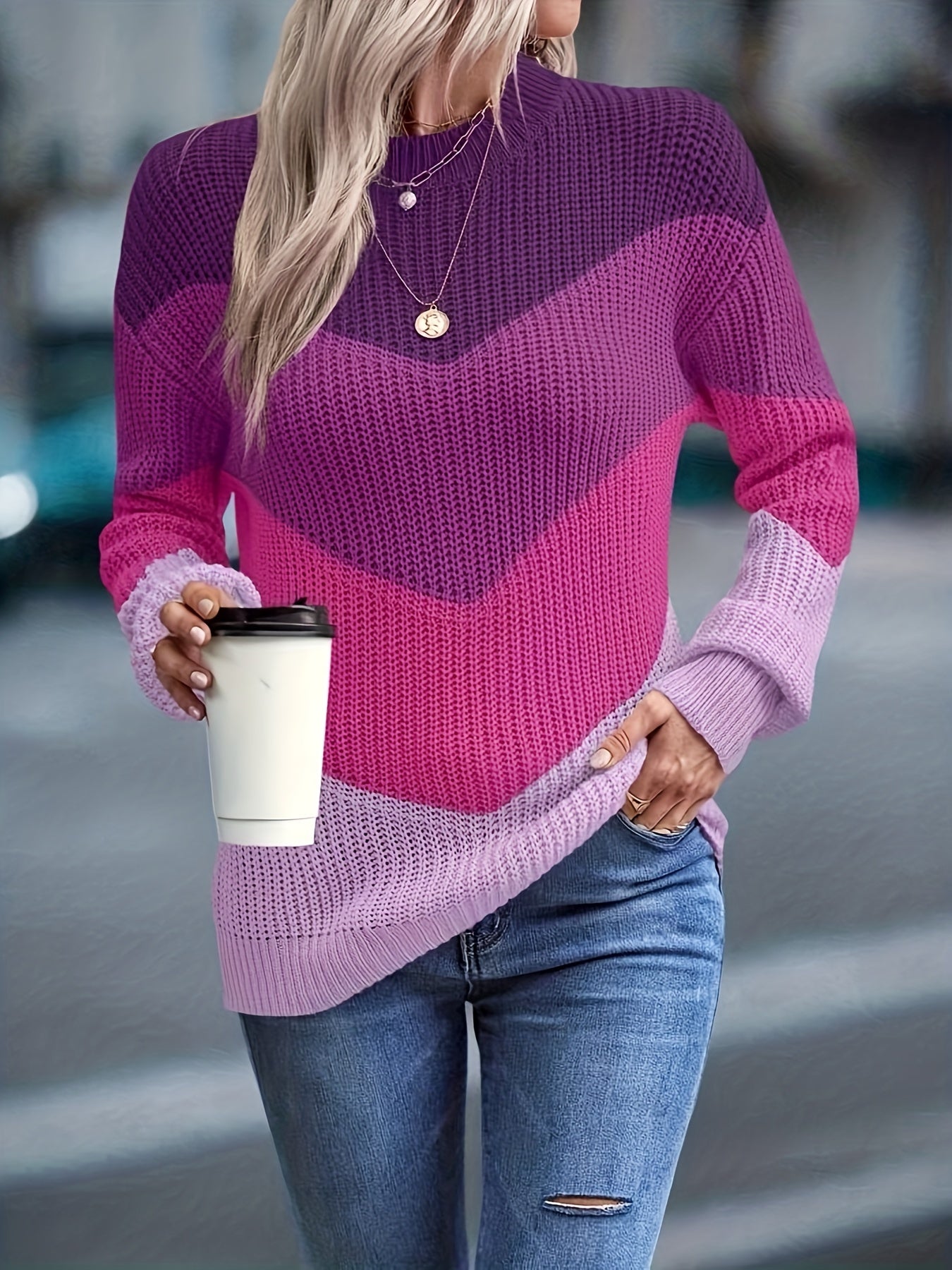 Sixsr Color Block Crew Neck Pullover Sweater, Casual Long Sleeve Drop Shoulder Sweater, Women's Clothing