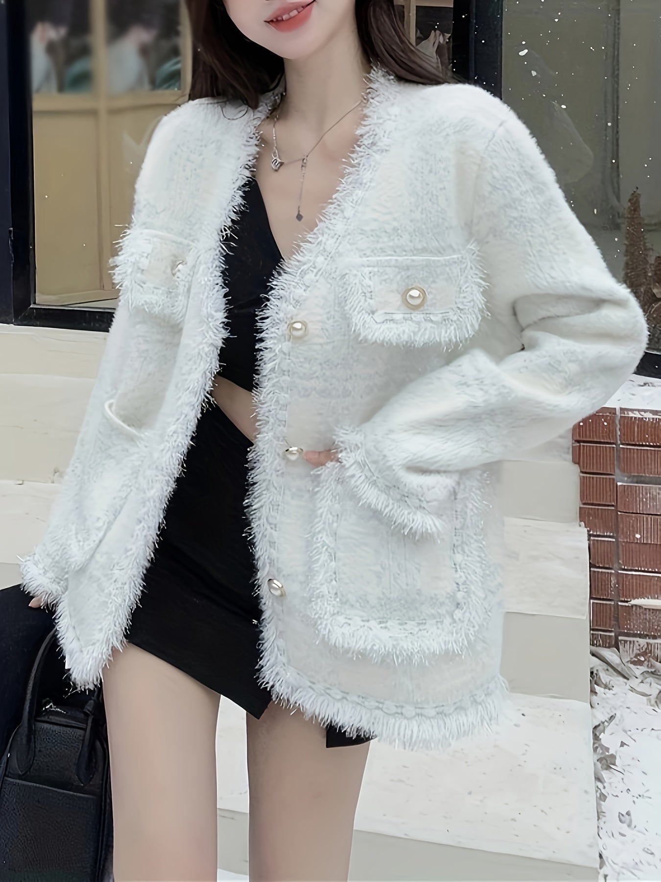 Sixsr Fringe Trim Button Front Coat, Chic Long Sleeve Dual Pockets Cardigan For Fall & Winter, Women's Clothing