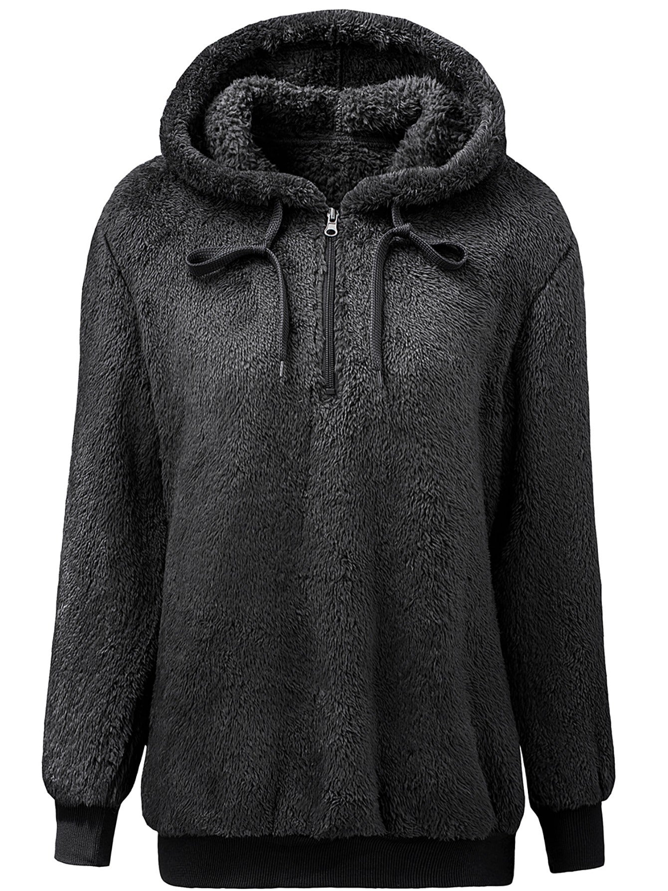 Sixsr Casual Drop Shoulder Drawstring Teddy Hoodie, Women's Solid Long Sleeve Half Zipper Sweatshirt Top