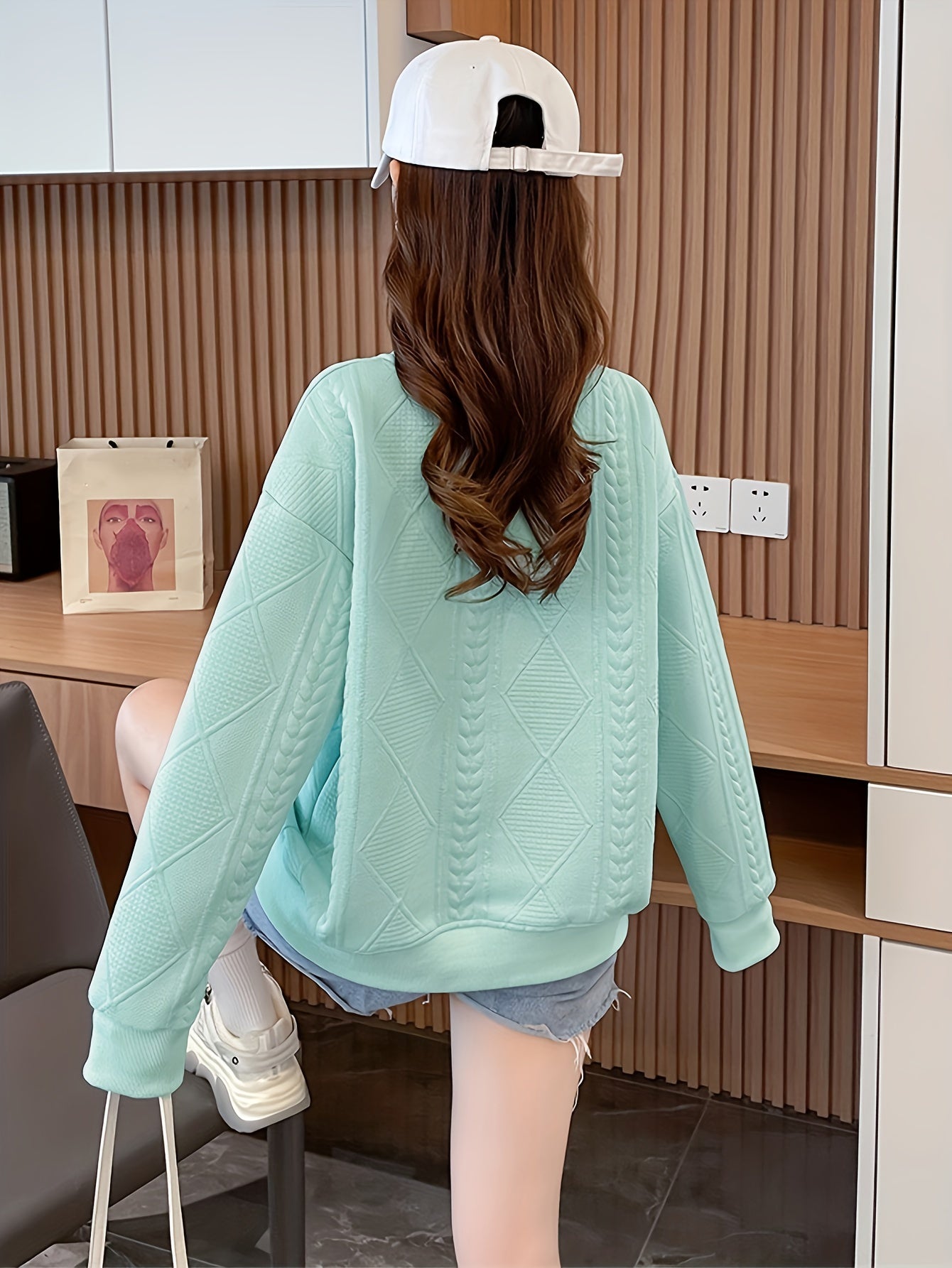Sixsr Fruit Decor Pullover Textured Sweatshirt, Casual Long Sleeve Crew Neck Sweatshirt For Fall & Winter, Women's Clothing