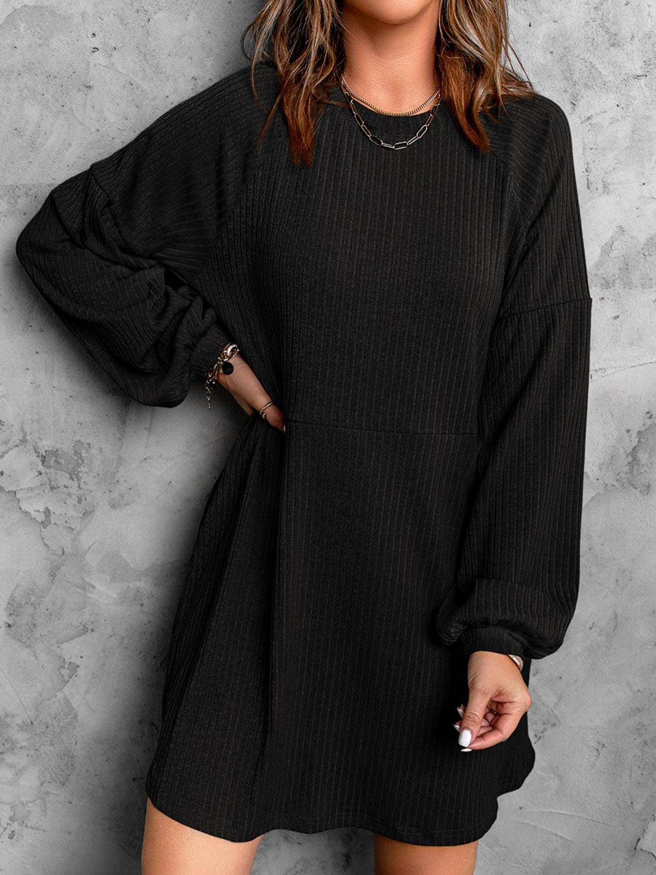 Sixsr Women's Dresses Round Neck Empire Waist Ribbed Knit Dresses