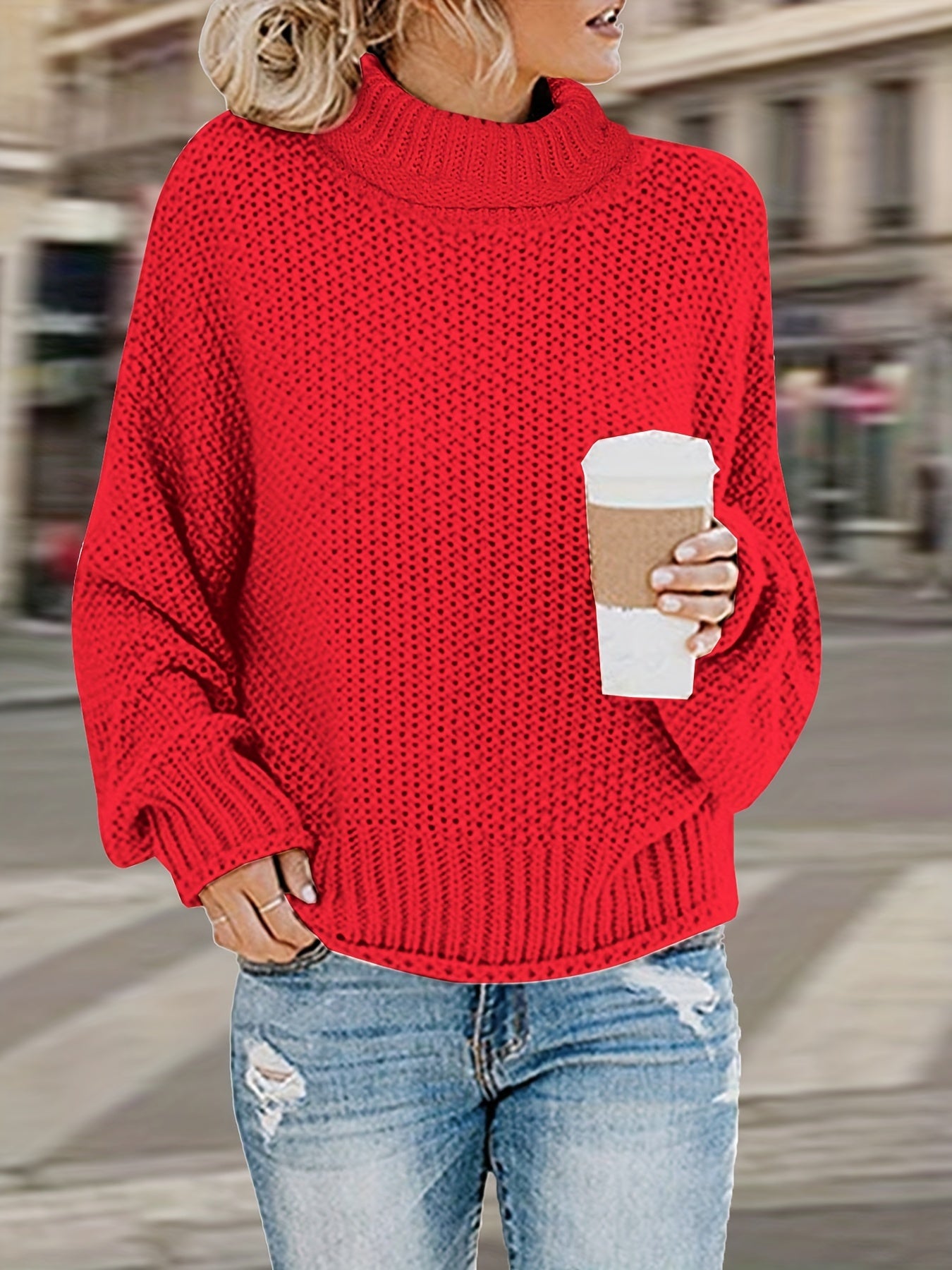 Sixsr Plus Size Casual Sweater, Women's Plus Solid Long Sleeve Turtle Neck Medium Stretch Sweater