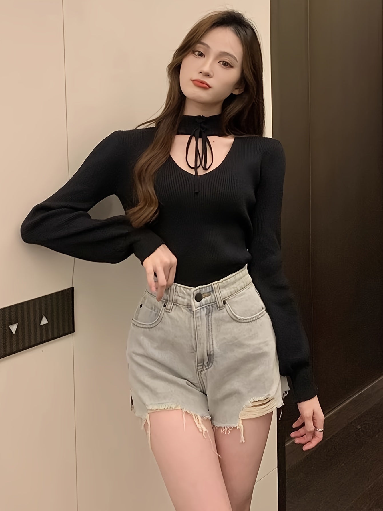Sixsr Solid Lace Up Mock Neck Knit Sweater, Elegant Cut Out Long Sleeve Stylish Sweater, Women's Clothing