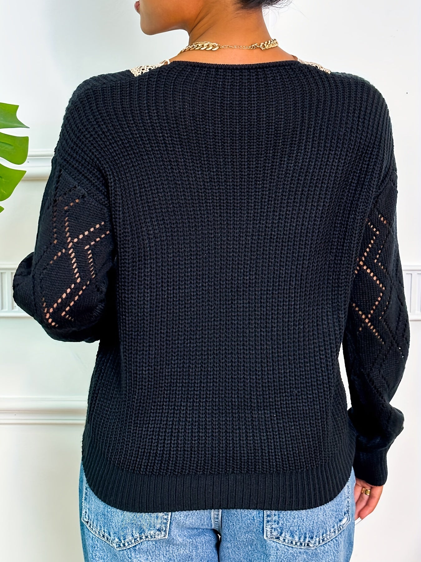 Sixsr Solid V Neck Knitted Sweater, Hollow Out Long Sleeve Casual Sweater For Fall & Winter, Women's Clothing