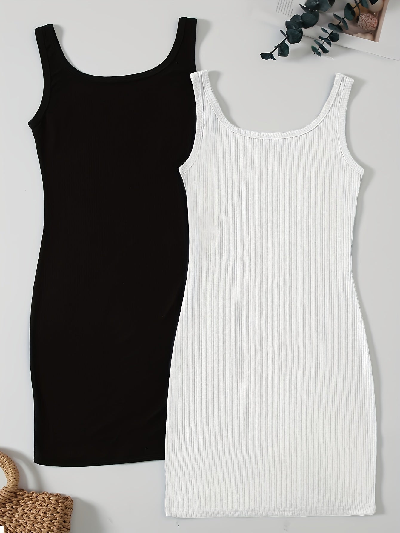 Sixsr 2 Pieces Solid Bodycon Tank Dress, Casual Crew Neck Dress For Spring & Summer, Women's Clothing