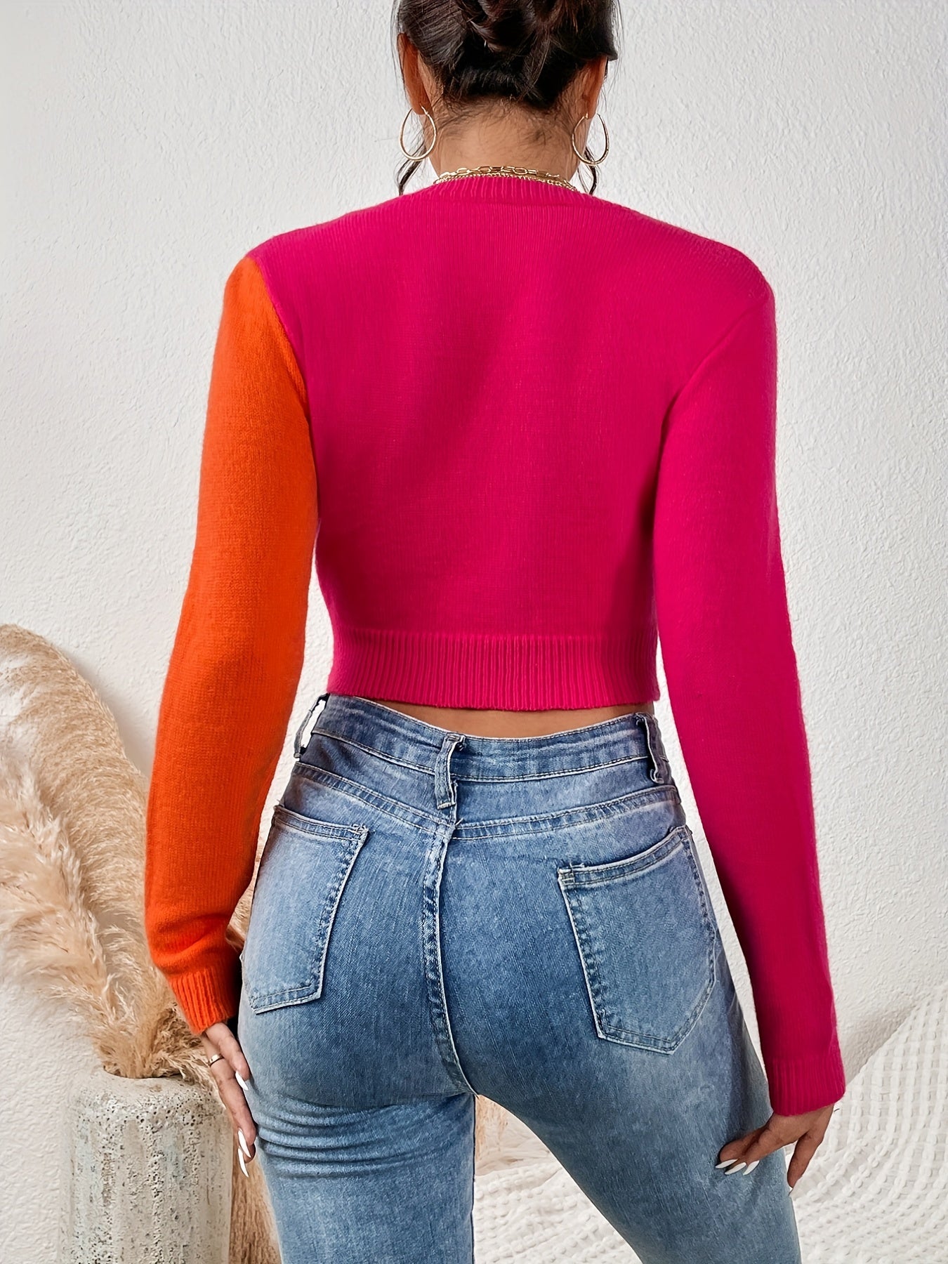 Sixsr Color Block Cropped Knit Sweater, Sexy Crew Neck Slim Long Sleeve Sweater, Women's Clothing