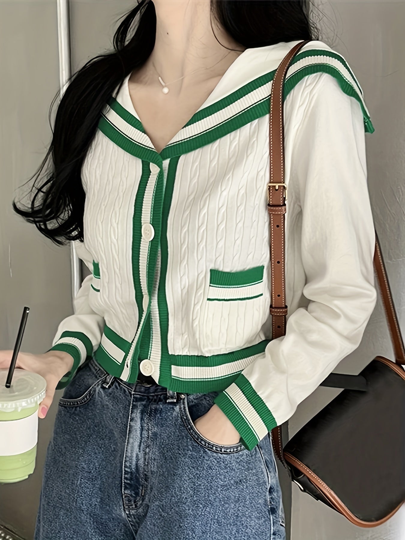 Sixsr Striped Navy Collar Knit Cardigan, Casual Long Sleeve Button Crop Sweater, Women's Clothing