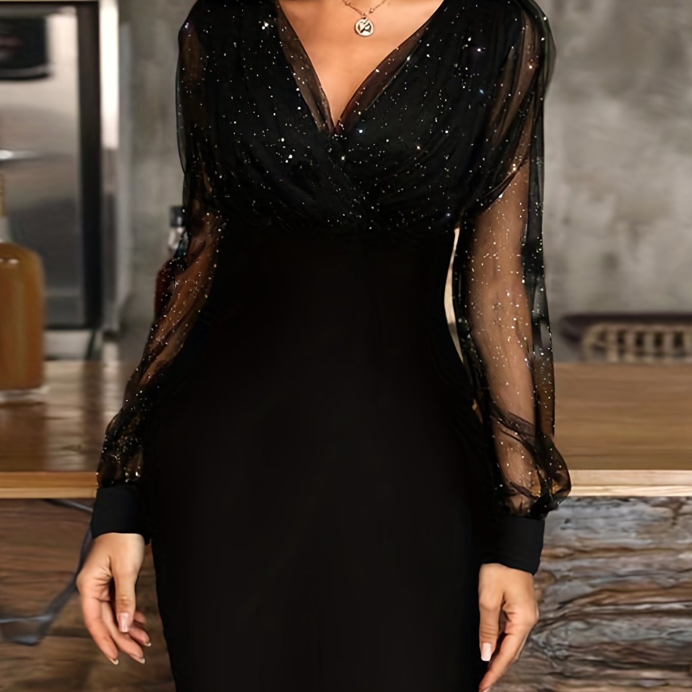 Solid Sequin Stitching Lace Long Sleeve Dress, Elegant Mesh Slim Sexy Party Dress, Women's Clothing