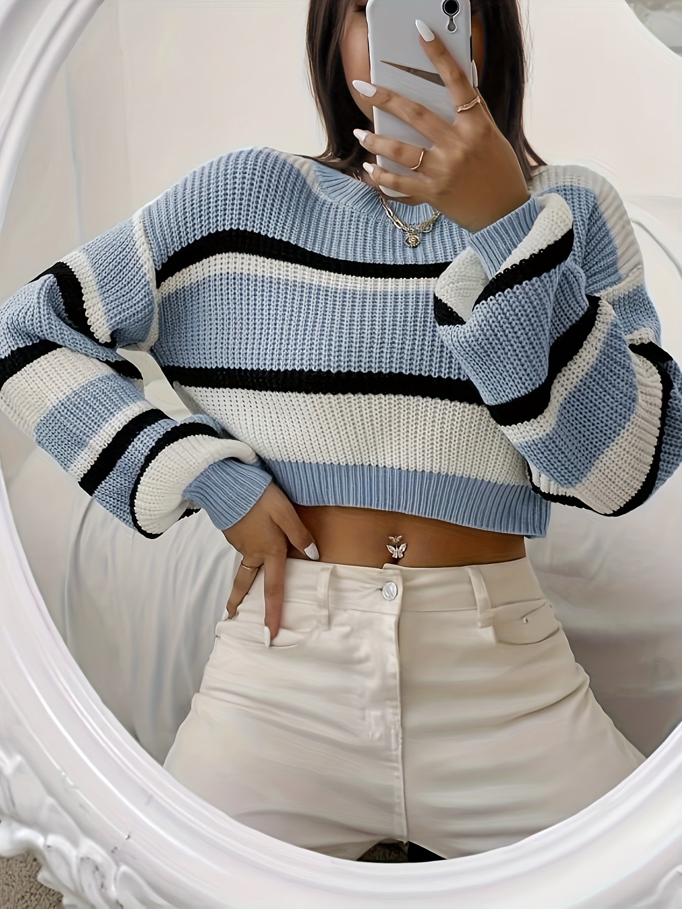 Sixsr Color Block Striped Knit Sweater, Casual Crew Neck Long Sleeve Sweater, Women's Clothing