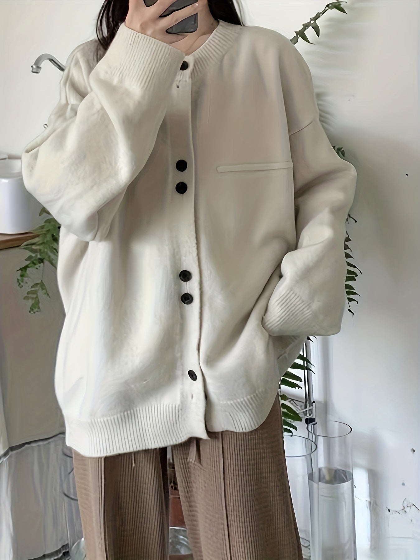 Sixsr Solid Button Down Knit Cardigan, Casual Long Sleeve Drop Shoulder Sweater, Women's Clothing