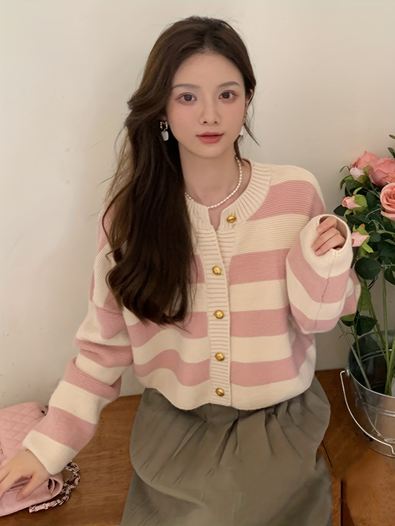 Sixsr Striped Button Front Cardigan, Casual Long Sleeve Knitted Cardigan, Women's Clothing