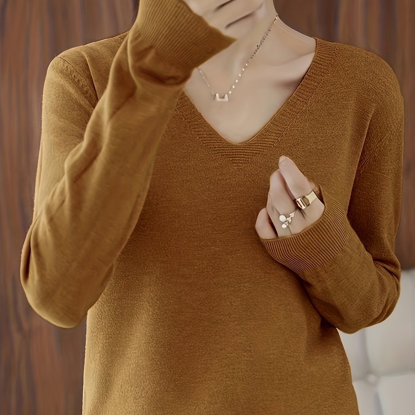 Sixsr Long Sleeve Knitted Top, V Neck Elegant Casual Top, Women's Clothing