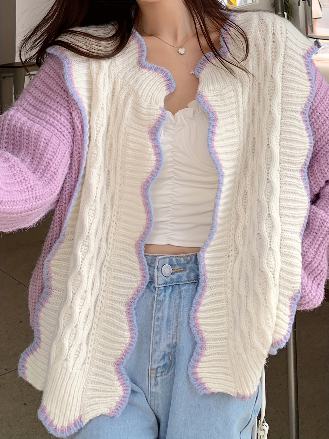 Sixsr Color Block Rib Knit Cradigan, Casual Long Sleeve Scollop Trim Sweater, Women's Clothing