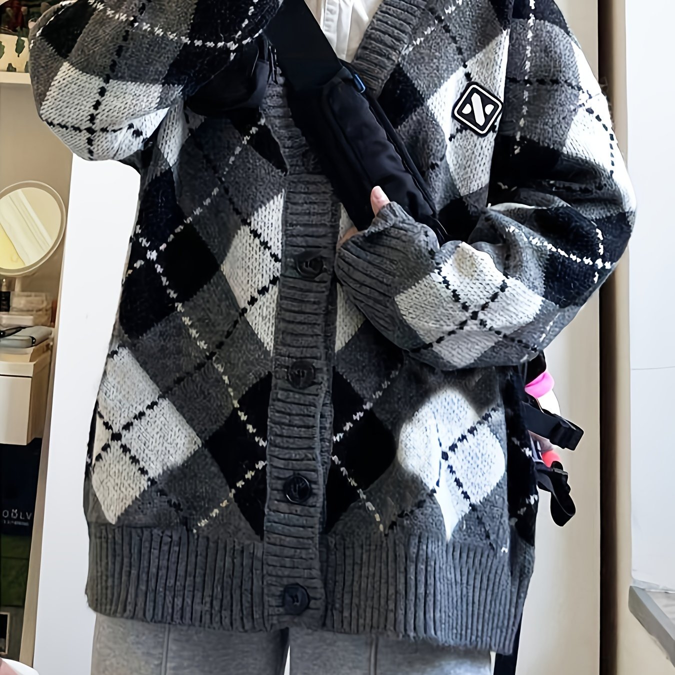 Sixsr Plaid Button Down Knit Cardigan, Preppy Long Sleeve Loose Sweater With Pocket, Women's Clothing