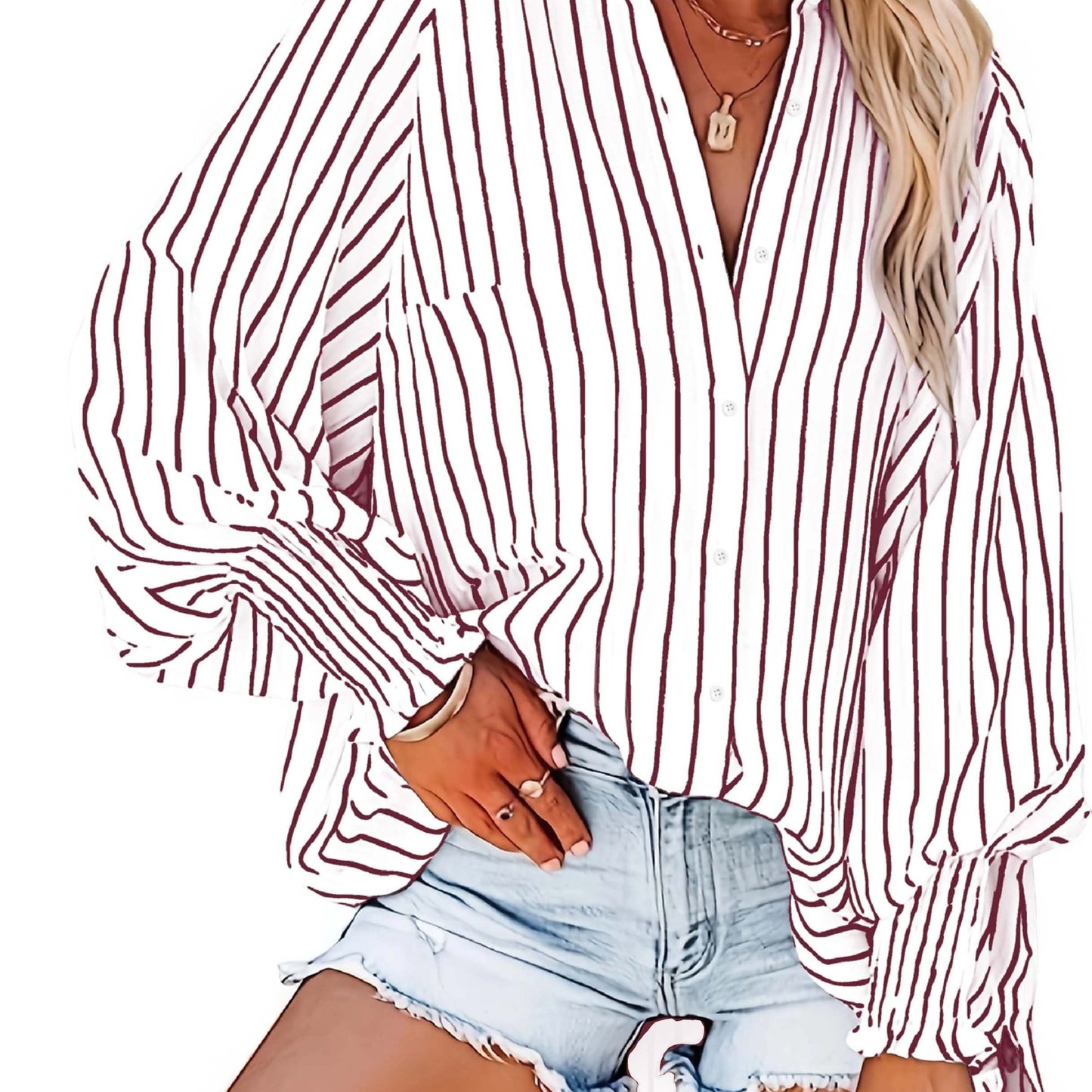 Sixsr Plus Size Casual Blouse, Women's Plus Striped Print Lantern Sleeve Button Up Lapel Collar Slight Stretch Tunic Shirt Top
