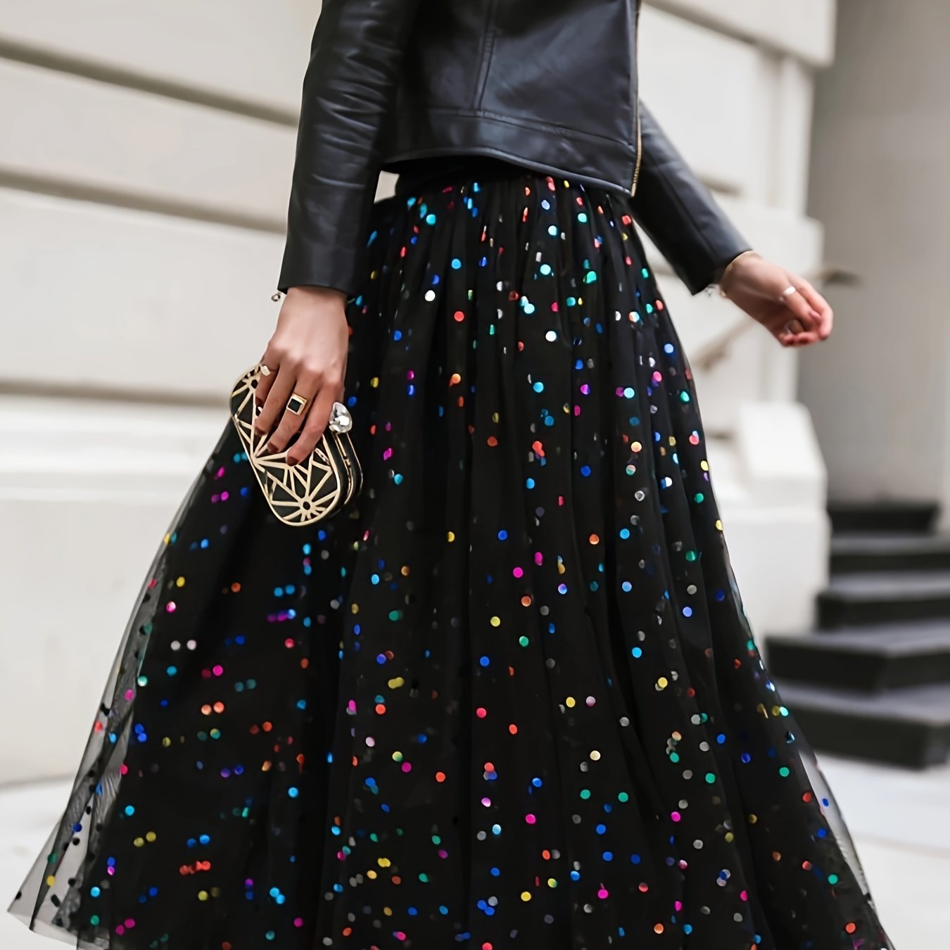 Sixsr  Plus Size Sequin Decor Mesh Skirt, Casual High Waist Pleated Midi Skirt, Women's Plus Size Clothing