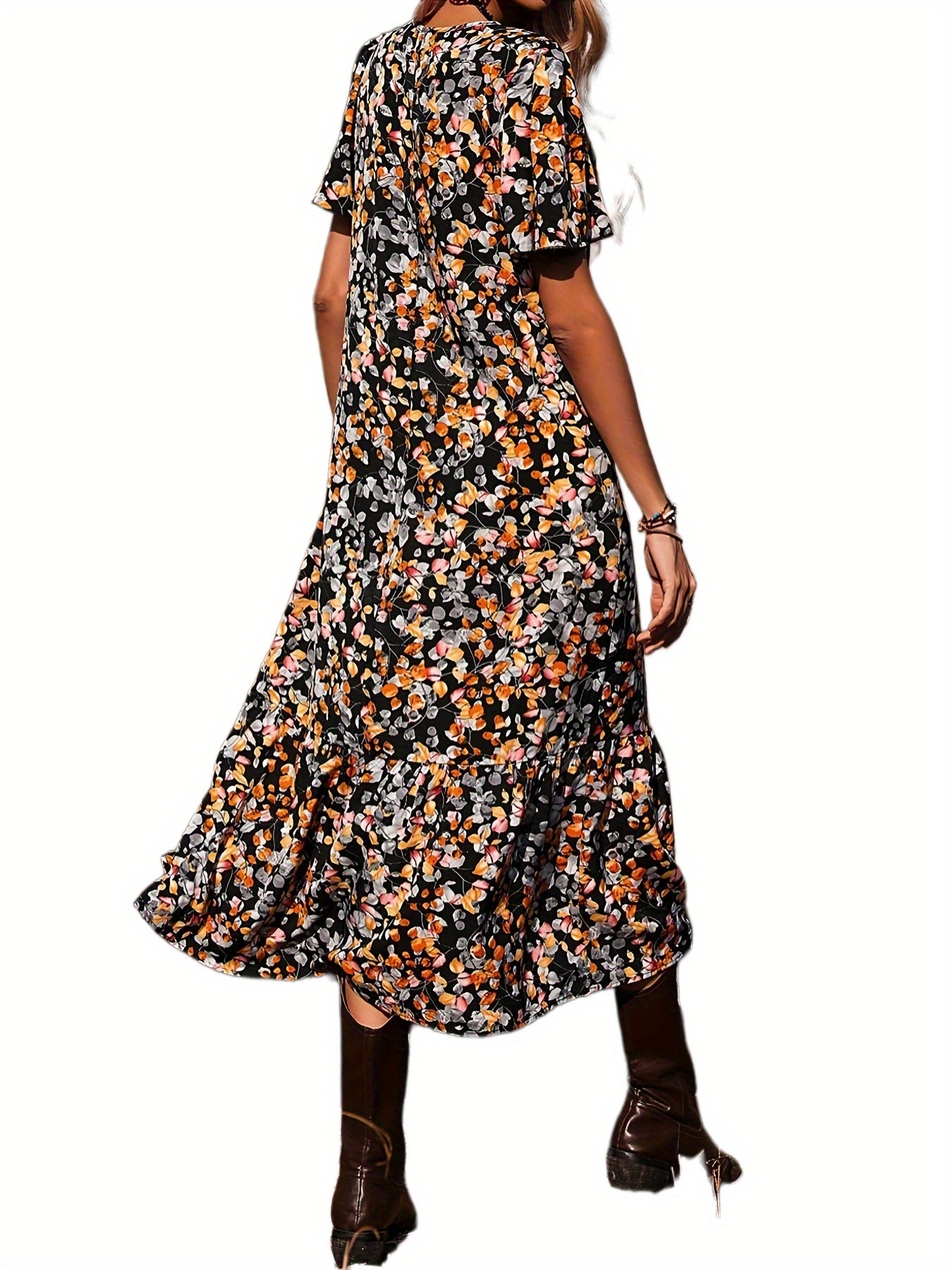Sixsr Floral Print V Neck Dress, Casual Short Sleeve Ruffle Trim Summer Dress, Women's Clothing