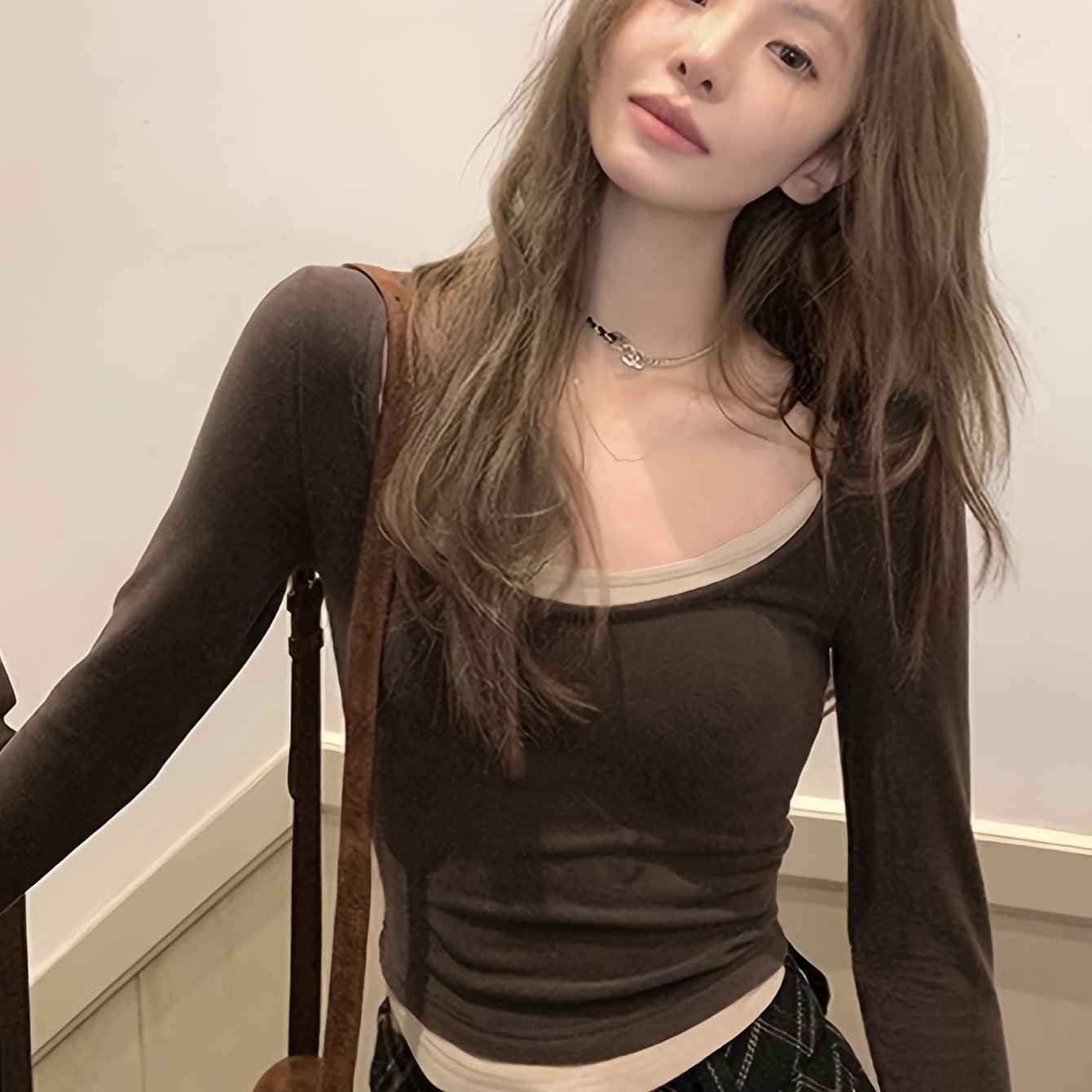 Sixsr Contrast Trim Crew Neck Crop T-Shirt, Casual Long Sleeve T-Shirt For Spring & Fall, Women's Clothing