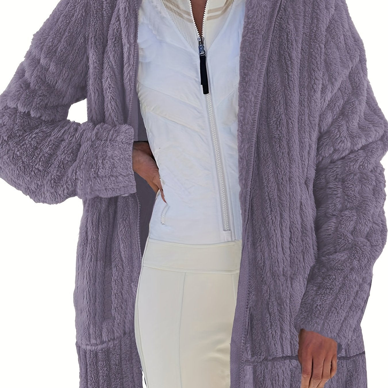Sixsr Plus Size Casual Coat, Women's Plus Solid Ribbed Fuzzy Fleece Zip Up Long Sleeve Hooded Overcoat With Pockets