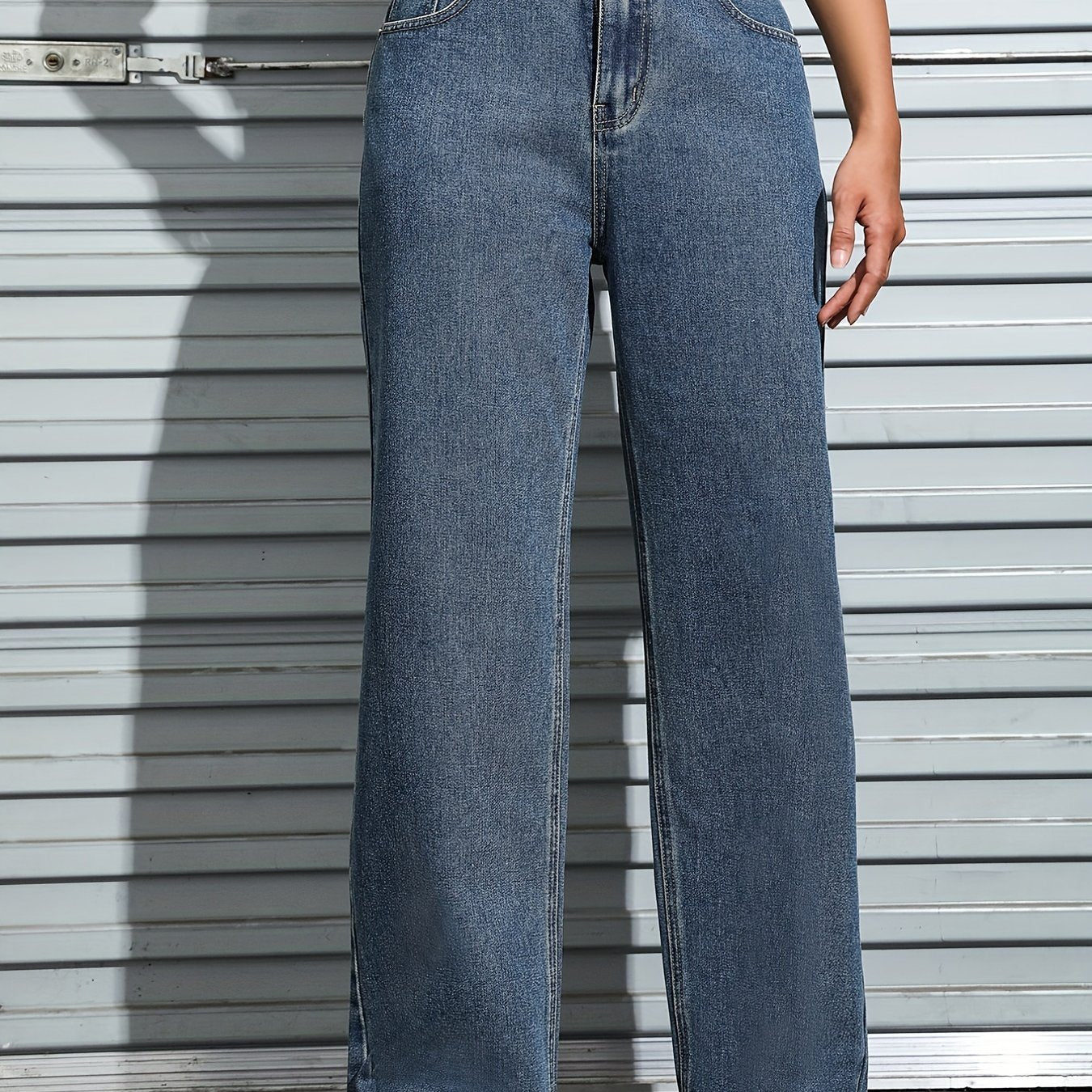 Greatnfb Blue Slant Pockets Straight Jeans, Loose Fit Non-Stretch Casual Wide Legs Jeans, Women's Denim Jeans & Clothing