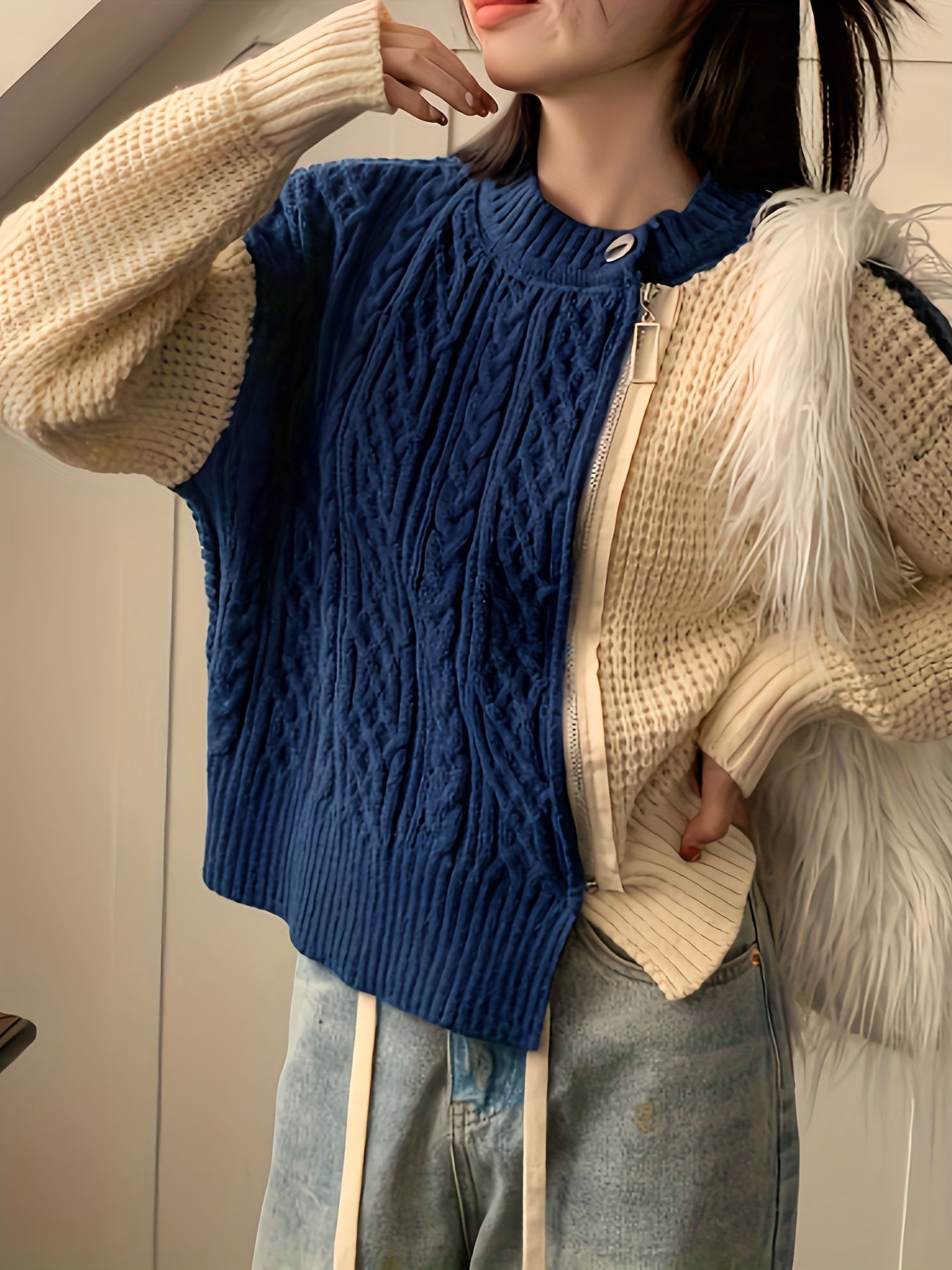 Sixsr Color Block Zip Up Knit Cardigan, Casual Long Sleeve Stylish Sweater, Women's Clothing