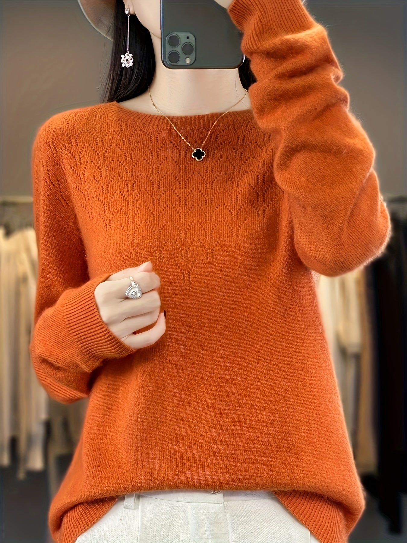 Sixsr Solid Crew Neck Wool Sweater, Casual Long Sleeve Cozy Basic Sweater, Women's Clothing