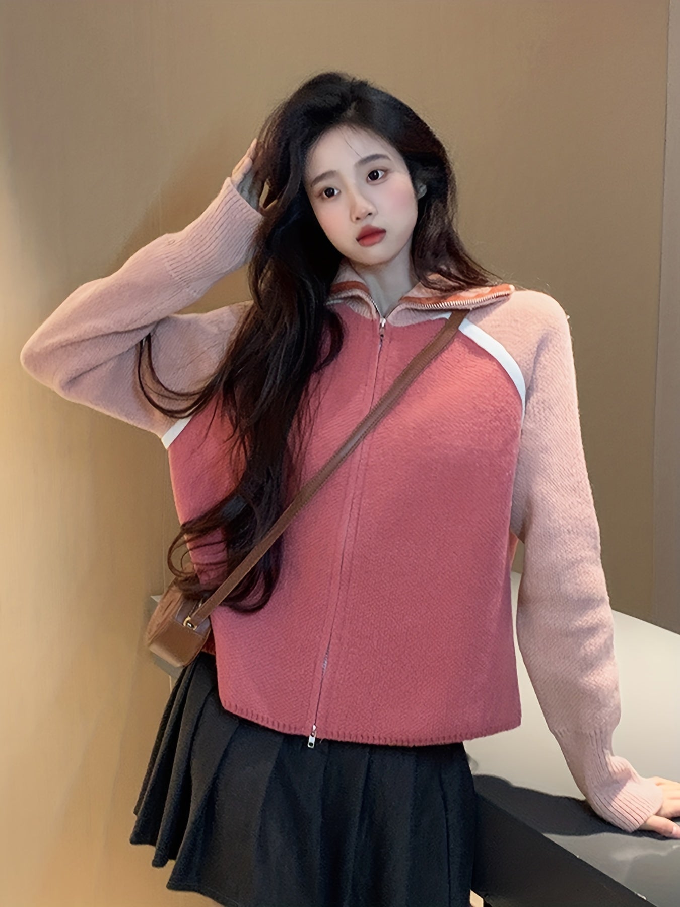 Sixsr Color Block Zip Up Cardigan, Long Sleeve Turtle Neck Outwear, Women's Clothing